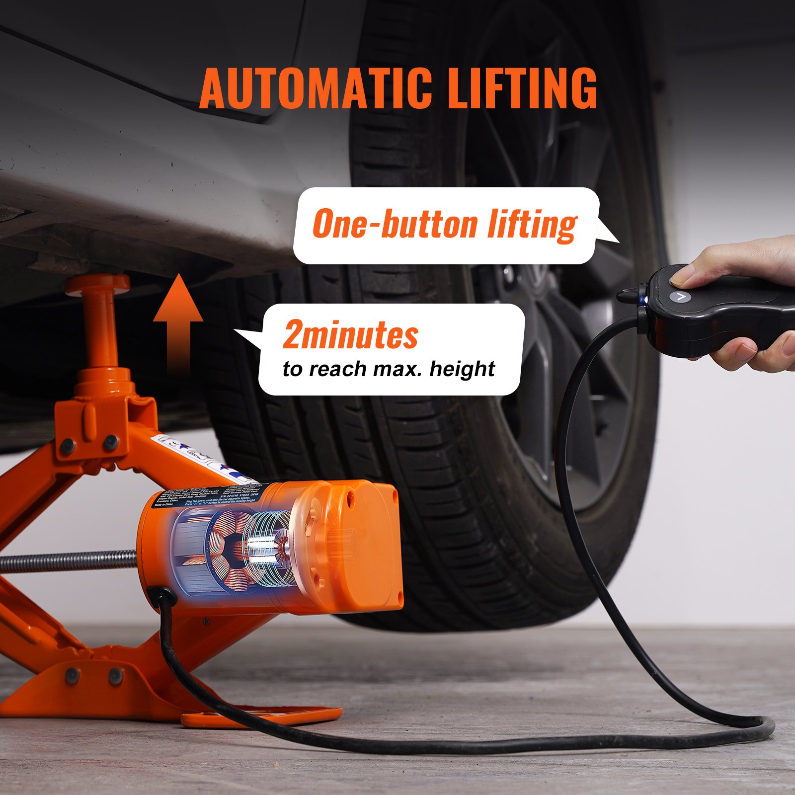Gato eléctrico para coche VEVOR que muestra elevación automática con control de un botón; 2 minutos hasta la altura máxima.