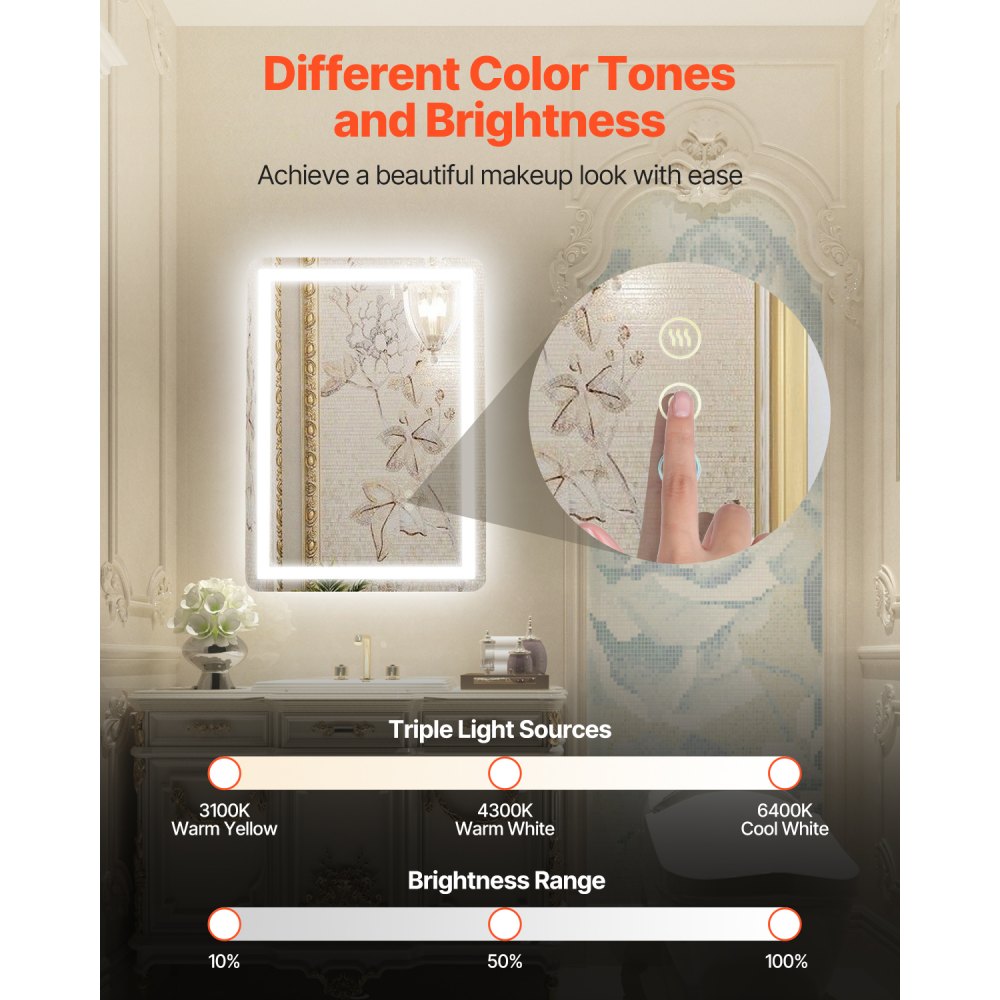 VEVOR LED bathroom mirror, cosmetic mirror (50 x 70 cm) with front and back lighting, fog-free mirror, continuously dimmable bathroom mirror with 3 color temperatures, wall mounting