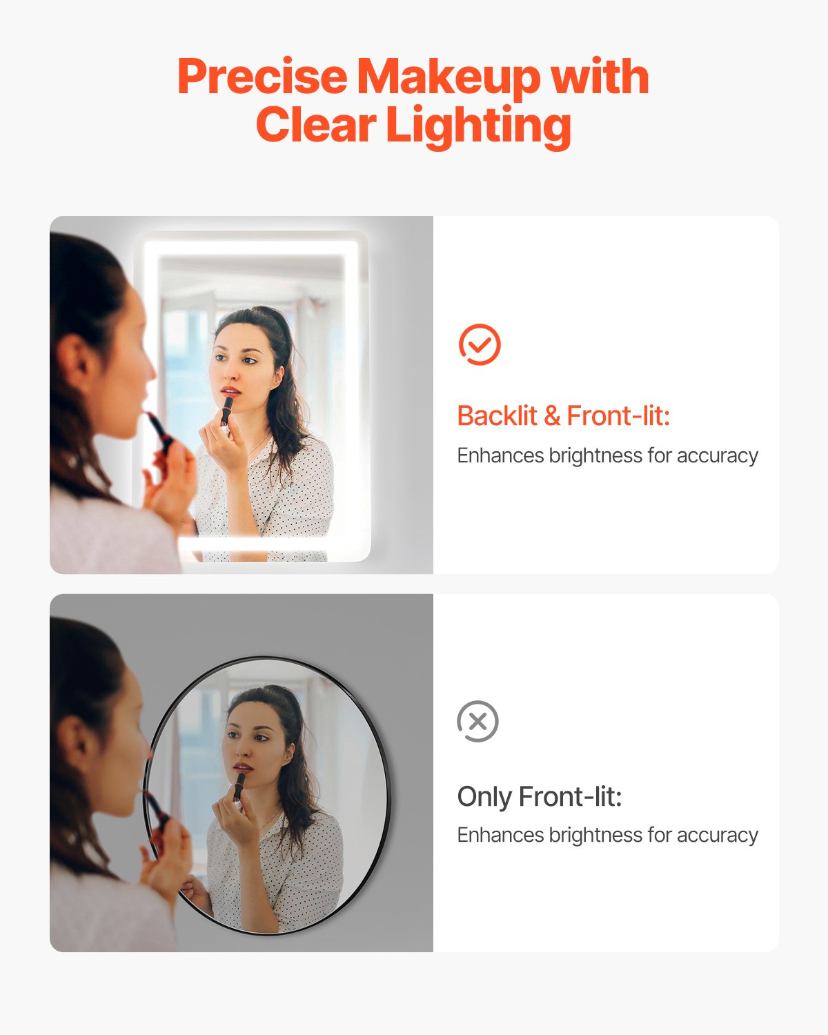 VEVOR LED bathroom mirror, cosmetic mirror (50 x 70 cm) with front and back lighting, fog-free mirror, continuously dimmable bathroom mirror with 3 color temperatures, wall mounting