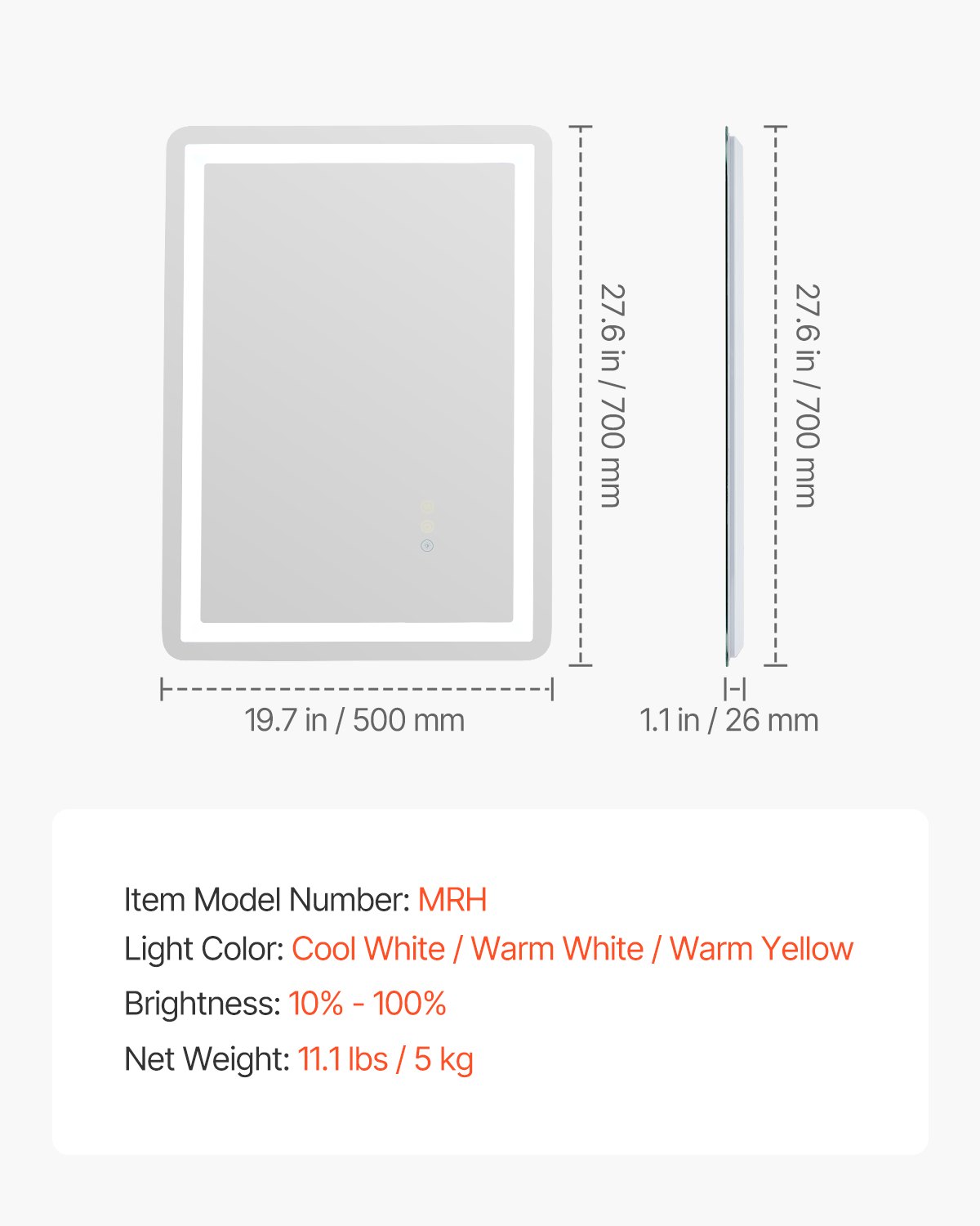 VEVOR LED bathroom mirror, cosmetic mirror (50 x 70 cm) with front and back lighting, fog-free mirror, continuously dimmable bathroom mirror with 3 color temperatures, wall mounting