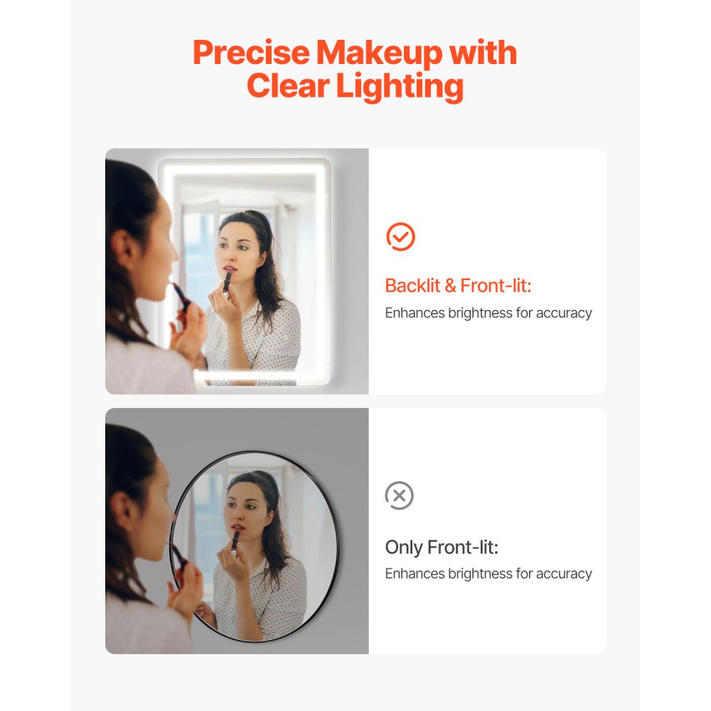 VEVOR LED bathroom mirror, cosmetic mirror (60 x 80 cm) with front and back lighting, fog-free mirror, continuously dimmable bathroom mirror with 3 color temperatures, wall mounting