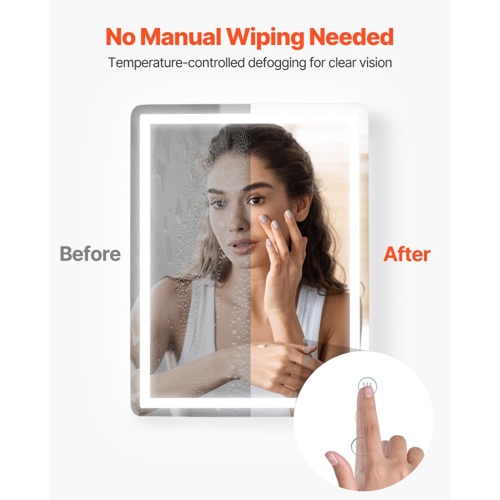 VEVOR LED bathroom mirror, cosmetic mirror (60 x 80 cm) with front and back lighting, fog-free mirror, continuously dimmable bathroom mirror with 3 color temperatures, wall mounting