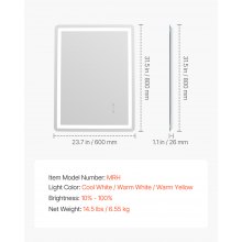 VEVOR Espejo de Baño LED 3 Colores Antivaho Montaje en Pared 600 x 800 x 26 mm