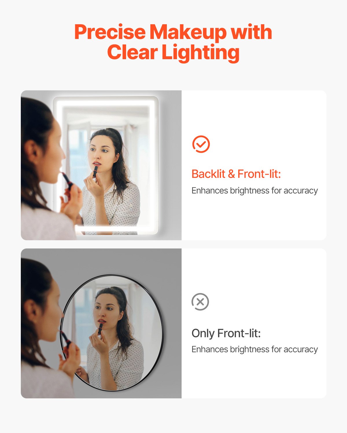 VEVOR LED bathroom mirror, cosmetic mirror (60 x 80 cm) with front and back lighting, fog-free mirror, continuously dimmable bathroom mirror with 3 color temperatures, wall mounting