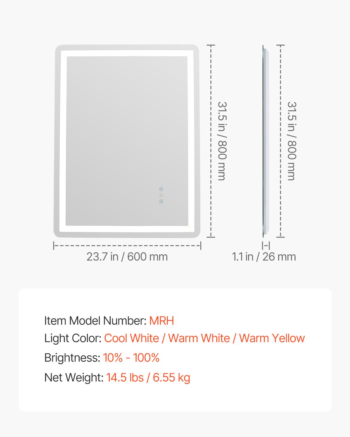 VEVOR LED bathroom mirror, cosmetic mirror (60 x 80 cm) with front and back lighting, fog-free mirror, continuously dimmable bathroom mirror with 3 color temperatures, wall mounting