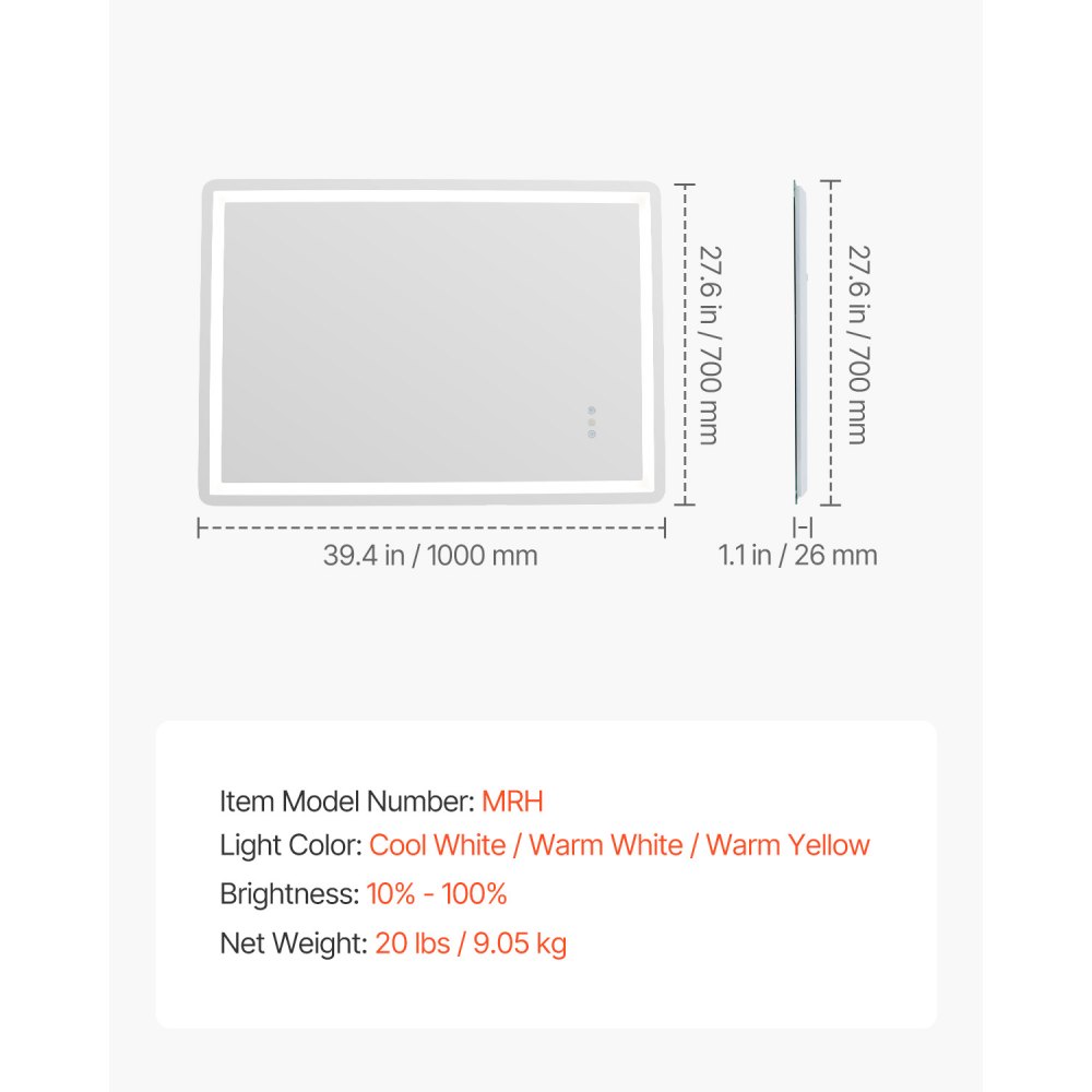 VEVOR Espejo de Tocador de Baño LED con Iluminación Frontal y Retroiluminada, con Memoria y Luces, con Temperatura Regulable de 3 Colores sin Niveles, 10-100%, Montado en la Pared, 700 x 1000 x 26 mm