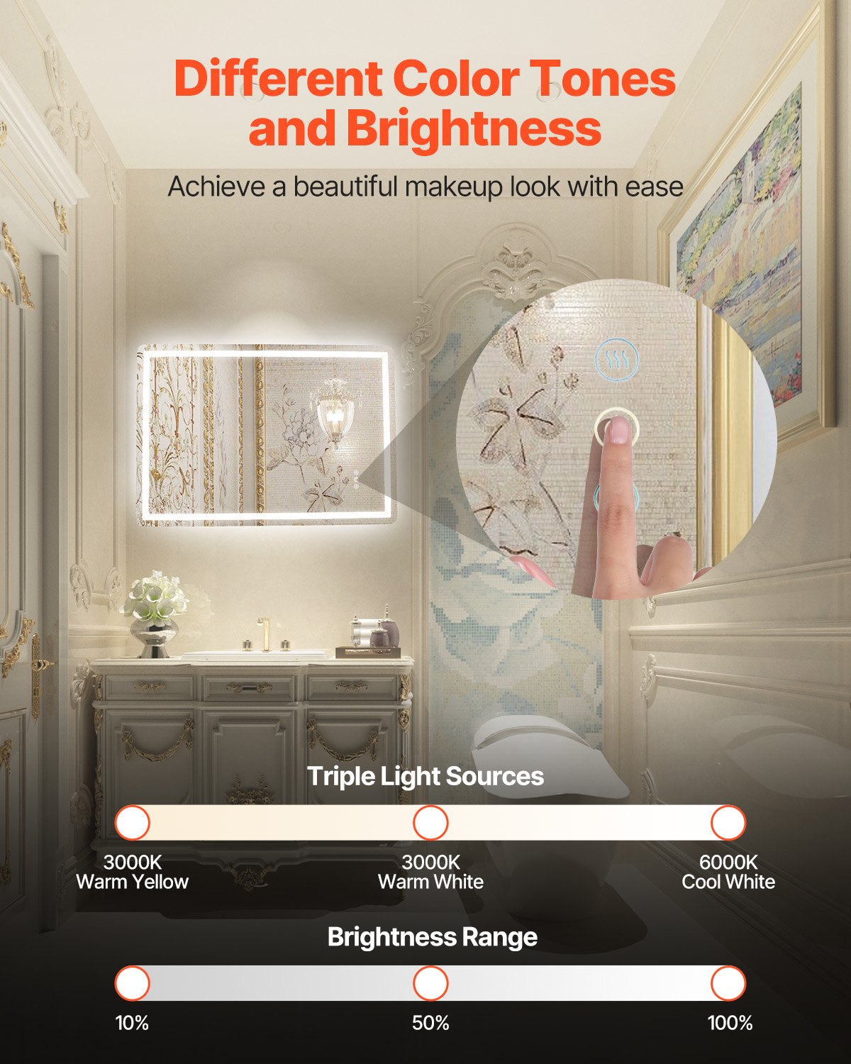 VEVOR Espejo de Tocador de Baño LED con Iluminación Frontal y Retroiluminada, con Memoria y Luces, con Temperatura Regulable de 3 Colores sin Niveles, 10-100%, Montado en la Pared, 700 x 1000 x 26 mm