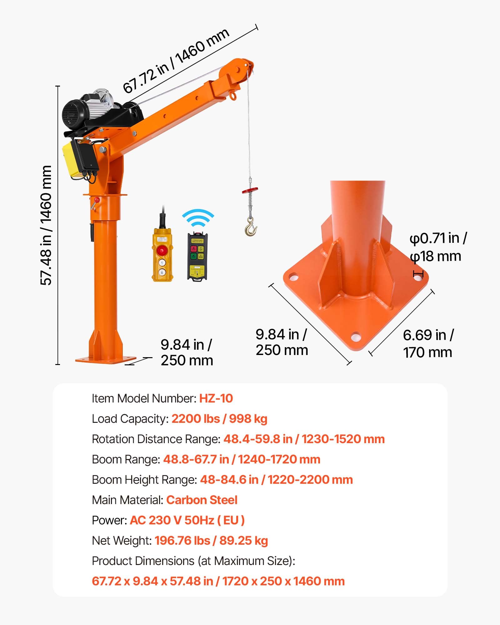 VEVOR Grúa Eléctrica para Camioneta Capacidad 998 kg, Control Remoto con Cable e Inalámbrico, Polipasto Eléctrico, Pluma Telescópica 360°, Base Plegable de Acero, Grúa Pickup para Elevación de Equipos