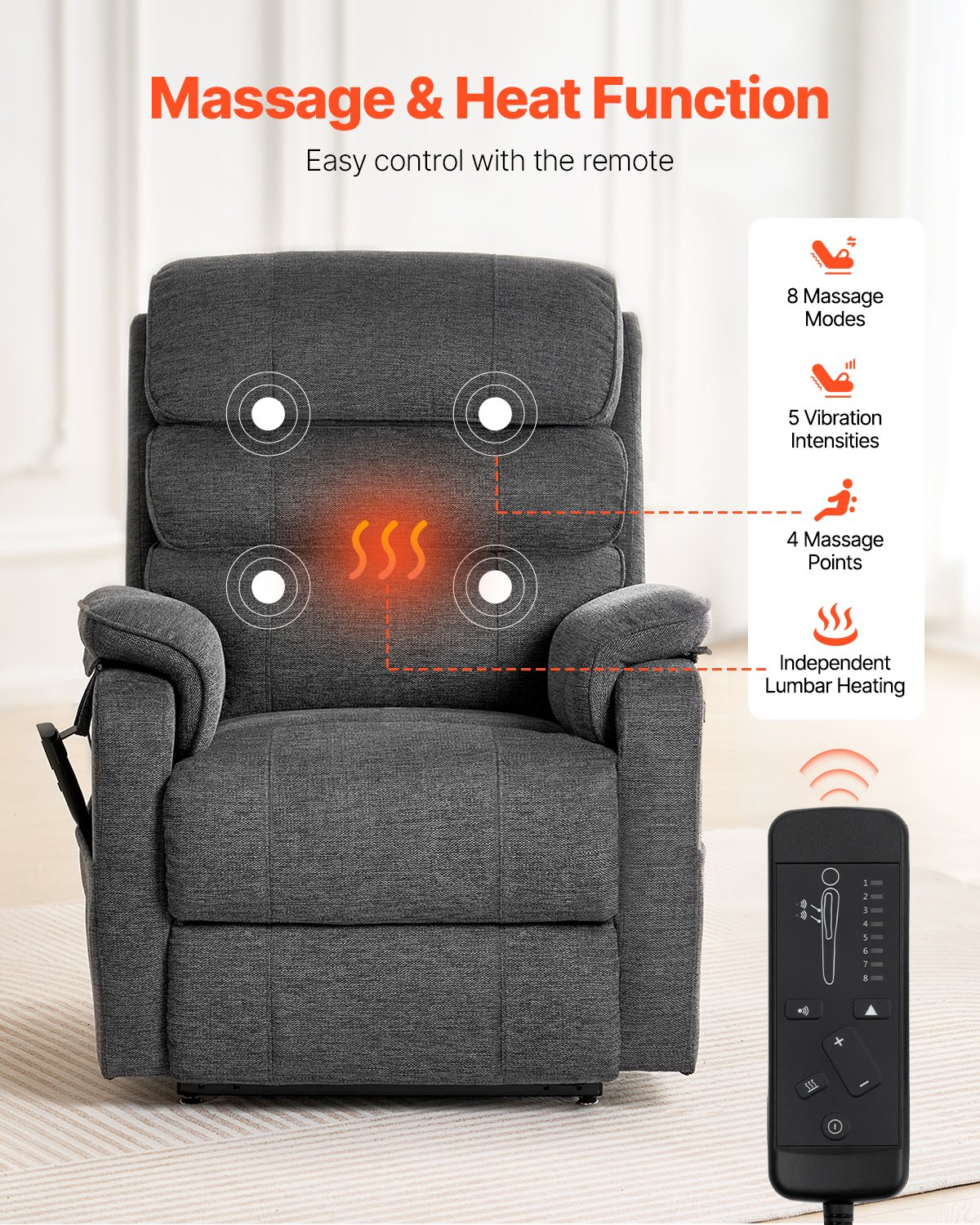 VEVOR Electric Massage Chair, Recliner, Lift Chair with Heat and Massage for Seniors, Recliner with 2 Motors & 2 Anti-Fall Ropes, Stepless Position Adjustment (Medium, Dark Grey)