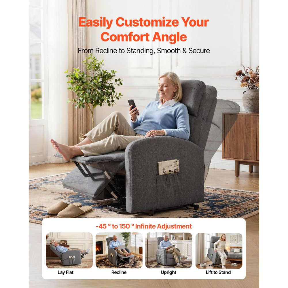 VEVOR Sillón Relax Reclinable Eléctrico, Sillón Relax Levantapersonas, Acolchado con Reposapiés Bolsillos Laterales de Almacenamiento, Control remoto, Lino Textil, para Dormitorio Salón, Gris Claro
