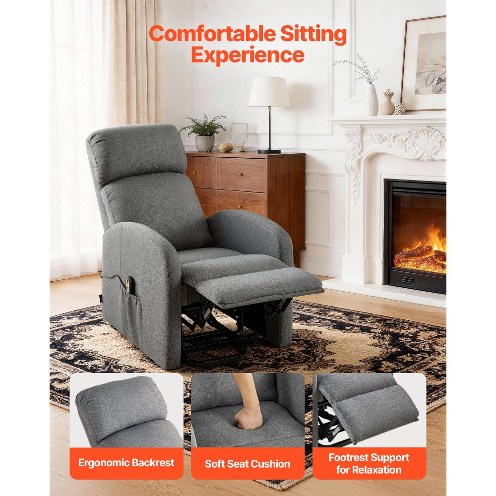 VEVOR Sillón Relax Reclinable Eléctrico, Sillón Relax Levantapersonas, Acolchado con Reposapiés Bolsillos Laterales de Almacenamiento, Control remoto, Lino Textil, para Dormitorio Salón, Gris Claro