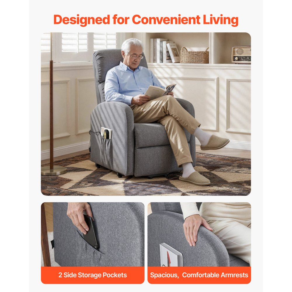 VEVOR Sillón Relax Reclinable Eléctrico, Sillón Relax Levantapersonas, Acolchado con Reposapiés Bolsillos Laterales de Almacenamiento, Control remoto, Lino Textil, para Dormitorio Salón, Gris Claro