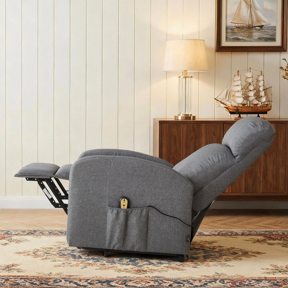 VEVOR Sillón Relax Reclinable Eléctrico, Sillón Relax Levantapersonas, Acolchado con Reposapiés Bolsillos Laterales de Almacenamiento, Control remoto, Lino Textil, para Dormitorio Salón, Gris Claro