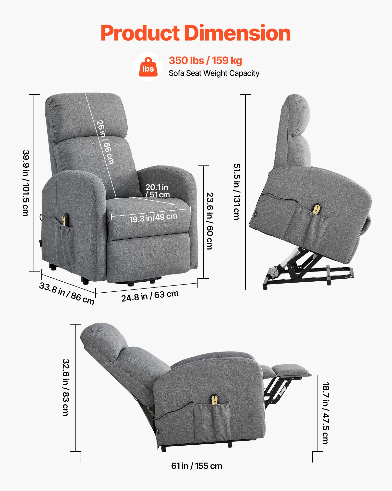 VEVOR Sillón Relax Reclinable Eléctrico, Sillón Relax Levantapersonas, Acolchado con Reposapiés Bolsillos Laterales de Almacenamiento, Control remoto, Lino Textil, para Dormitorio Salón, Gris Claro