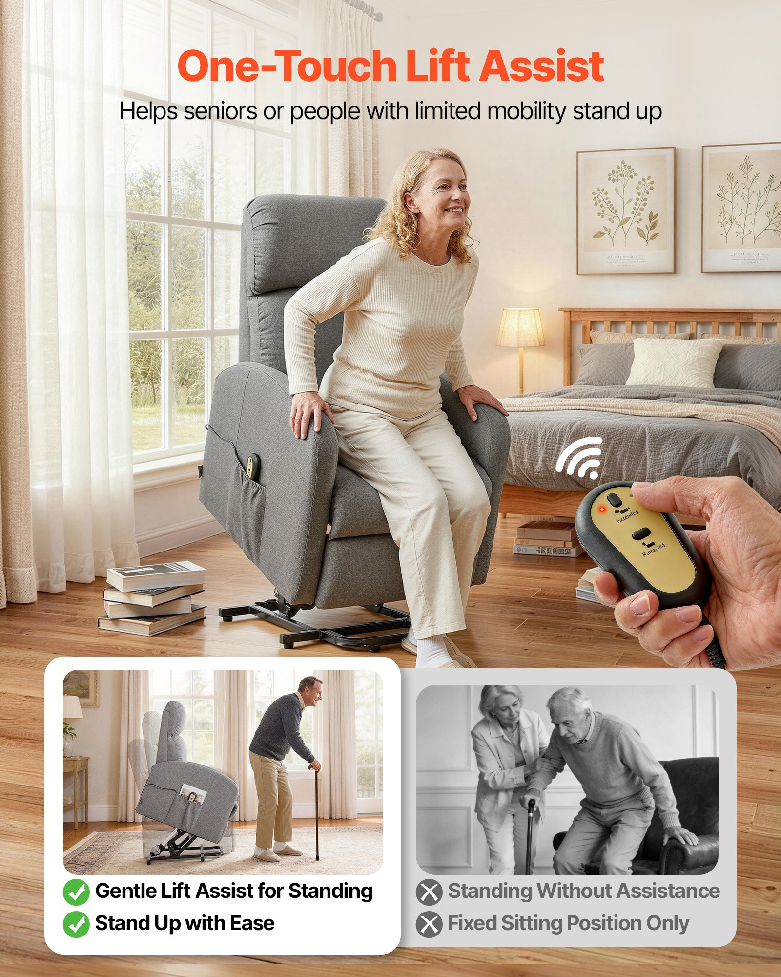 VEVOR Sillón Relax Reclinable Eléctrico, Sillón Relax Levantapersonas, Acolchado con Reposapiés Bolsillos Laterales de Almacenamiento, Control remoto, Lino Textil, para Dormitorio Salón, Gris Claro