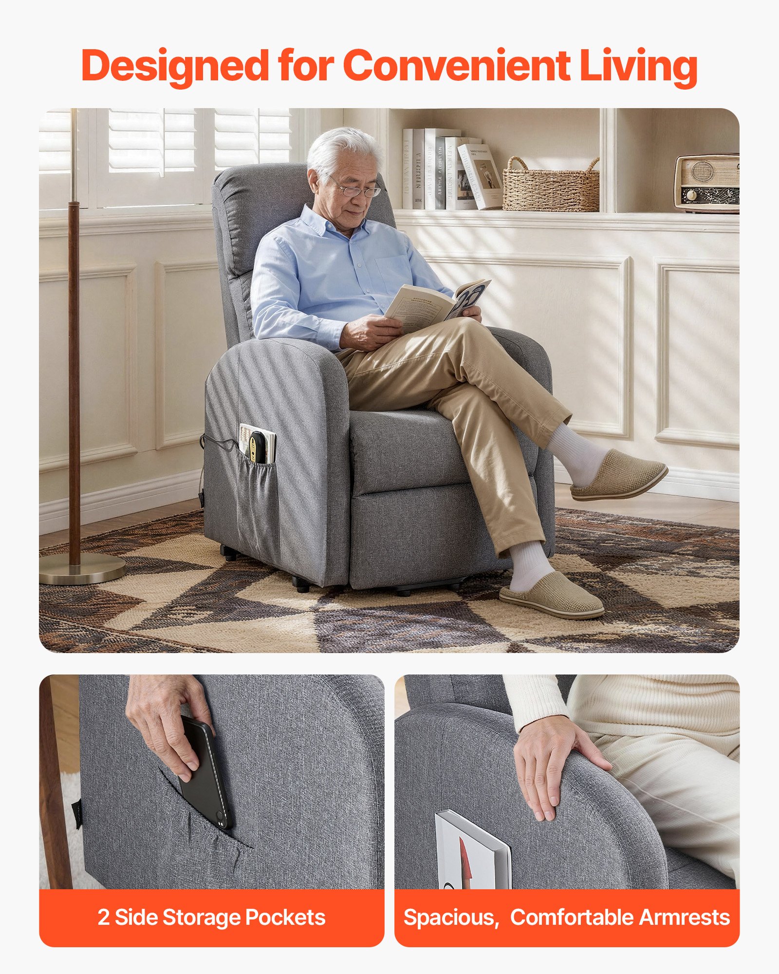 VEVOR Sillón Relax Reclinable Eléctrico, Sillón Relax Levantapersonas, Acolchado con Reposapiés Bolsillos Laterales de Almacenamiento, Control remoto, Lino Textil, para Dormitorio Salón, Gris Claro