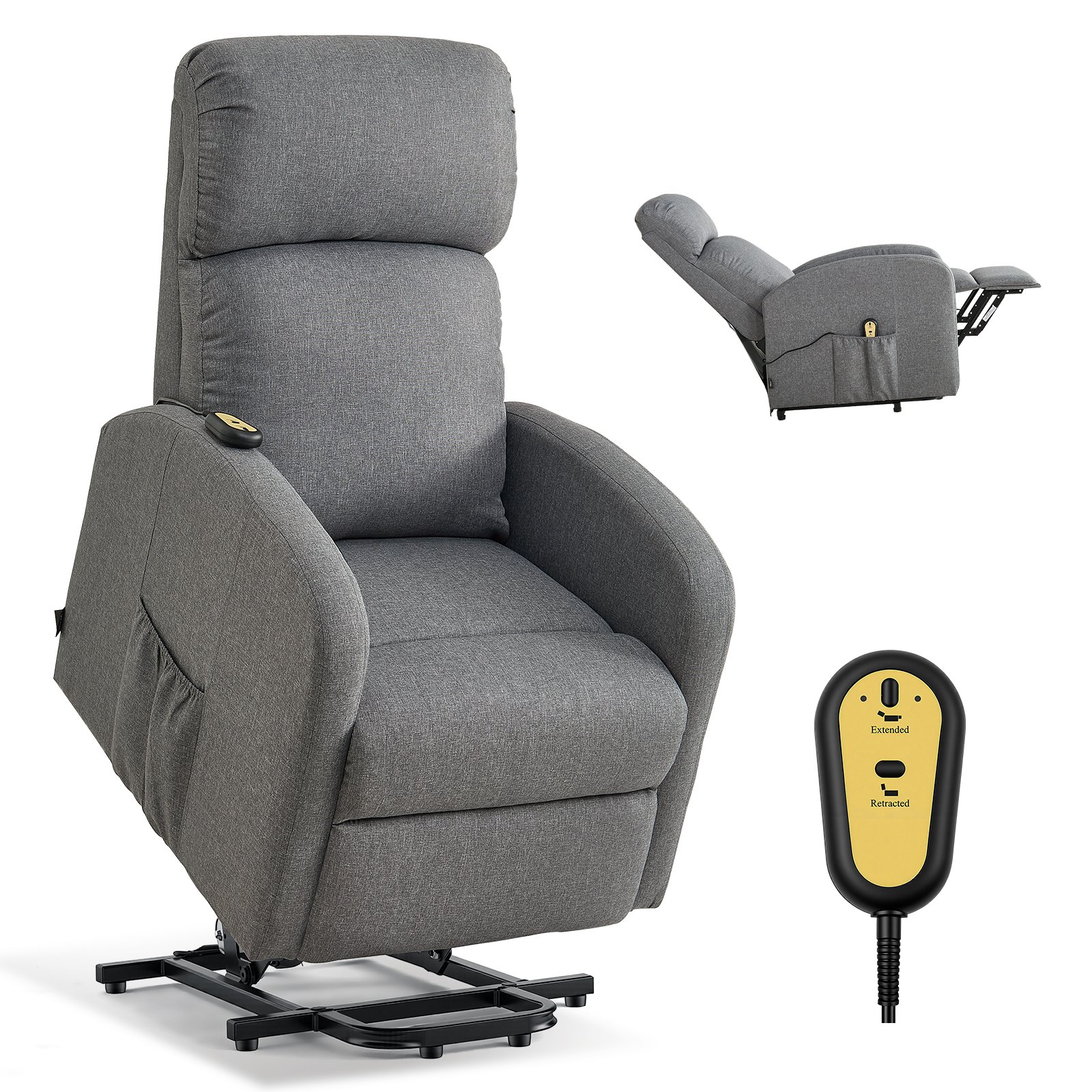 VEVOR Sillón Relax Reclinable Eléctrico, Sillón Relax Levantapersonas, Acolchado con Reposapiés Bolsillos Laterales de Almacenamiento, Control remoto, Lino Textil, para Dormitorio Salón, Gris Claro