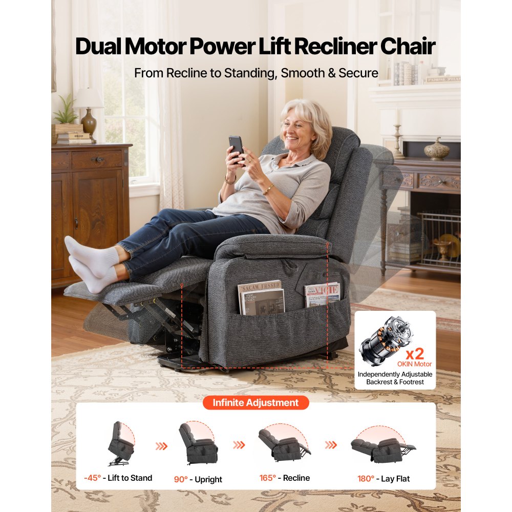 VEVOR Sillón Relax Reclinable Eléctrico, Sillón Reclinable Levantapersonas, con Reposapiés Calefacción Masaje Mando a Distancia Bolsillos Laterales, Tela Chenilla, para Salón Dormitorio, Gris Oscuro