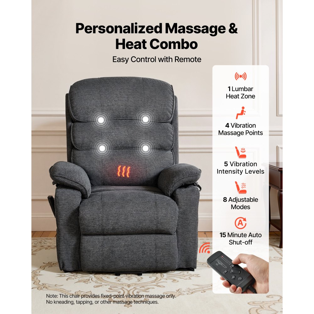 VEVOR Sillón Relax Reclinable Eléctrico, Sillón Reclinable Levantapersonas, con Reposapiés Calefacción Masaje Mando a Distancia Bolsillos Laterales, Tela Chenilla, para Salón Dormitorio, Gris Oscuro