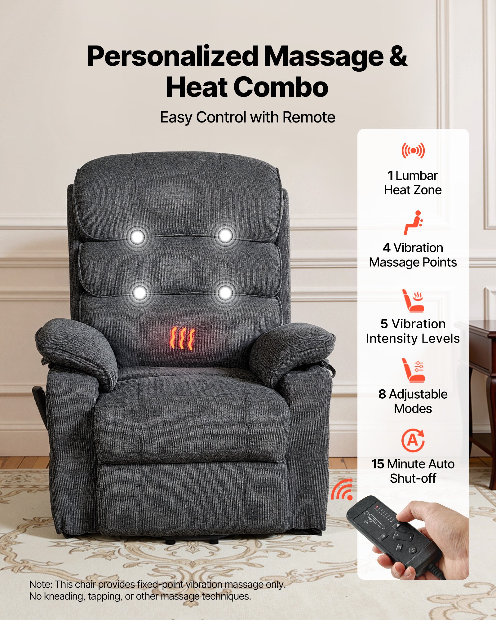VEVOR Sillón Relax Reclinable Eléctrico, Sillón Reclinable Levantapersonas, con Reposapiés Calefacción Masaje Mando a Distancia Bolsillos Laterales, Tela Chenilla, para Salón Dormitorio, Gris Oscuro