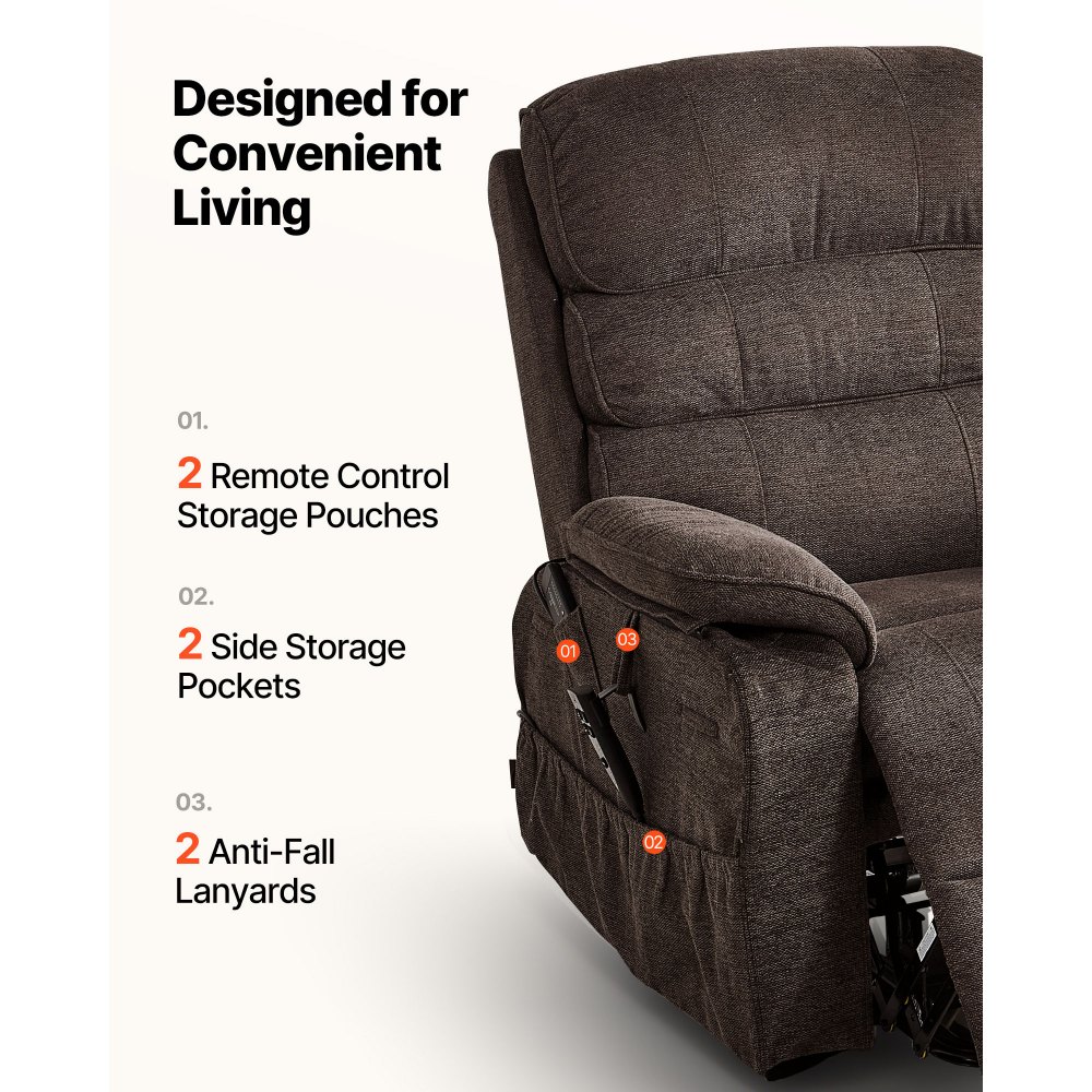 VEVOR Sillón Relax Reclinable Eléctrico, Sillón Relax de Masaje, con Reposapiés Calefacción Mando a Distancia Bolsillos Laterales de Almacenamiento, Tela Chenilla, para Salón Dormitorio, Color Marrón