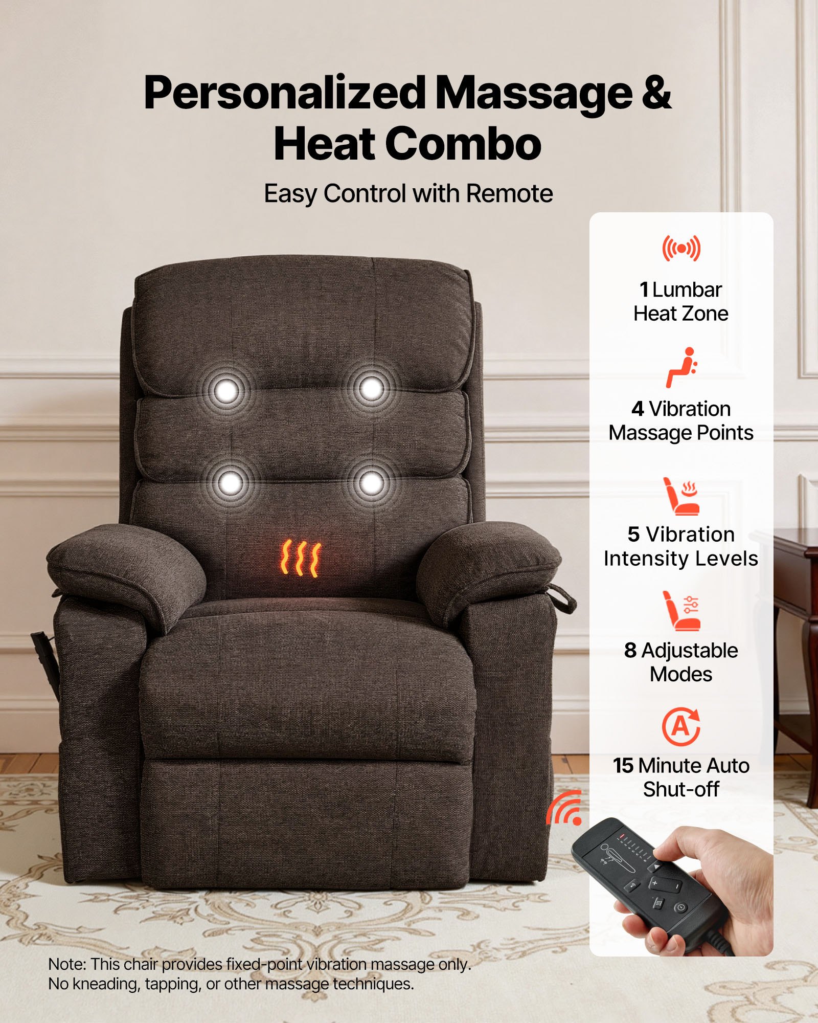 VEVOR Sillón Relax Reclinable Eléctrico, Sillón Relax de Masaje, con Reposapiés Calefacción Mando a Distancia Bolsillos Laterales de Almacenamiento, Tela Chenilla, para Salón Dormitorio, Color Marrón