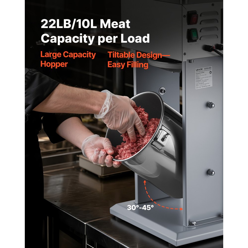 VEVOR Embutidora Eléctrica de Salchichas Capacidad de 10 L, Embutidora Vertical de Acero Inoxidable con Ajuste de Velocidad Continuo, Pedal y 4 Tubos de Llenado, para Restaurante, Supermercado