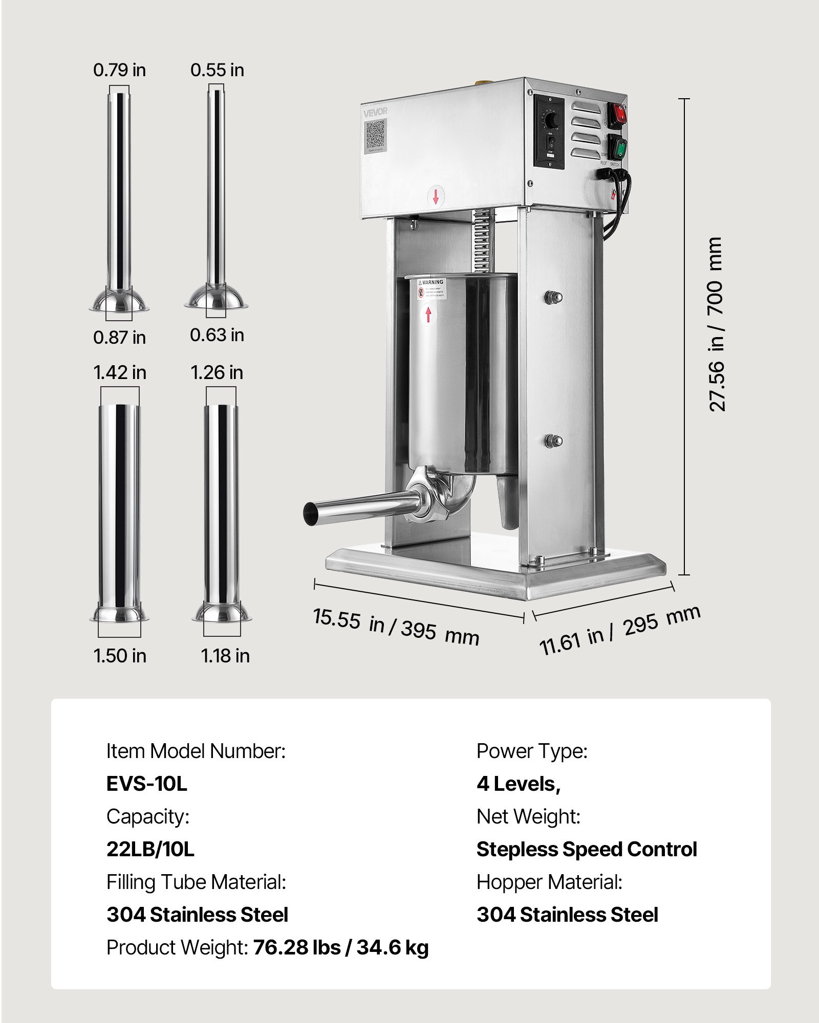 VEVOR Embutidora Eléctrica de Salchichas 10 L, con Control de Velocidad Continuo y Pedal, Acero Inoxidable Resistente, con 4 Tubos de Llenado, 395 x 295 x 700 mm, para Carnicerías, Restaurantes