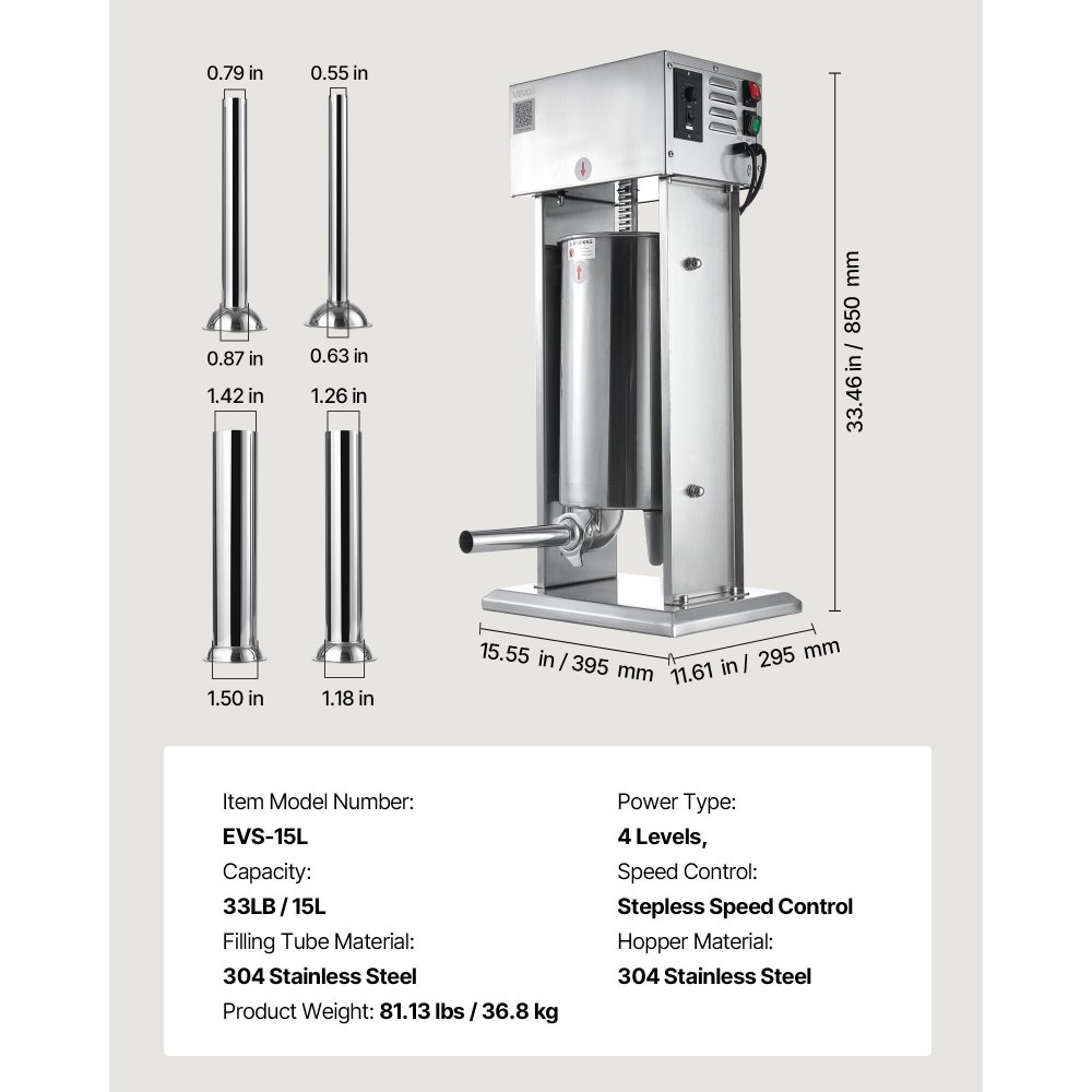 VEVOR Electric Sausage Stuffer, 33 LBS / 15 L Vertical Meat Stuffer, Stepless Speed Control and Foot Pedal, Stainless Steel Heavy Duty Sausage Filler with 4 Stuffing Tubes, for Commercial & Home Use