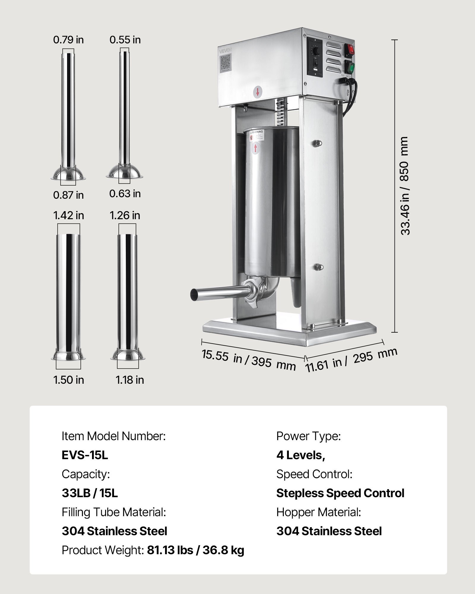 VEVOR Embutidora Eléctrica de Salchichas de 15 L, de Acero Inoxidable, con Control de Velocidad Continuo y Pedal, con 4 Tubos de Relleno, para Cocina y Restaurantes, 395 x 295 x 850 mm, Plata