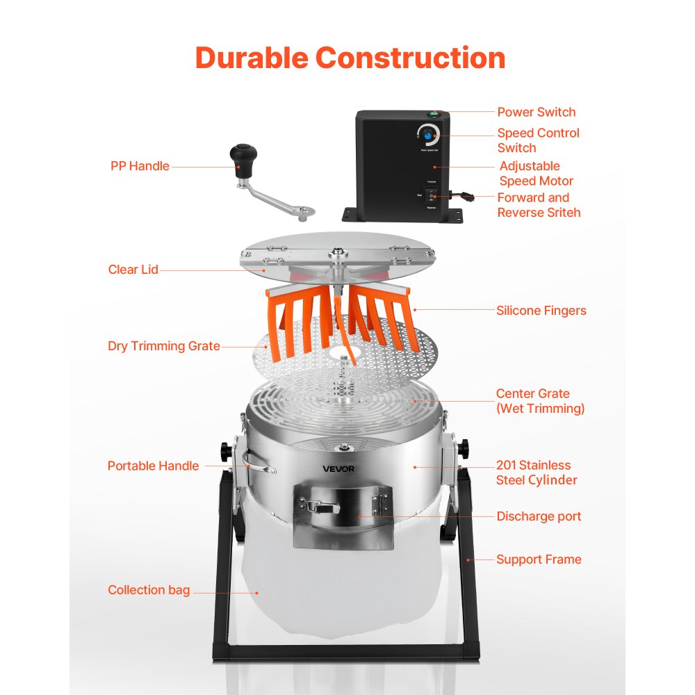 VEVOR Recortadora de Cogollos Eléctrica 370 mm con Cuchilla de Acero Inoxidable Cortador Hidropónico en Seco y Húmedo con Tapa Transparente y Bolsa de Recolección para Brotes, Hierbas Aromáticas