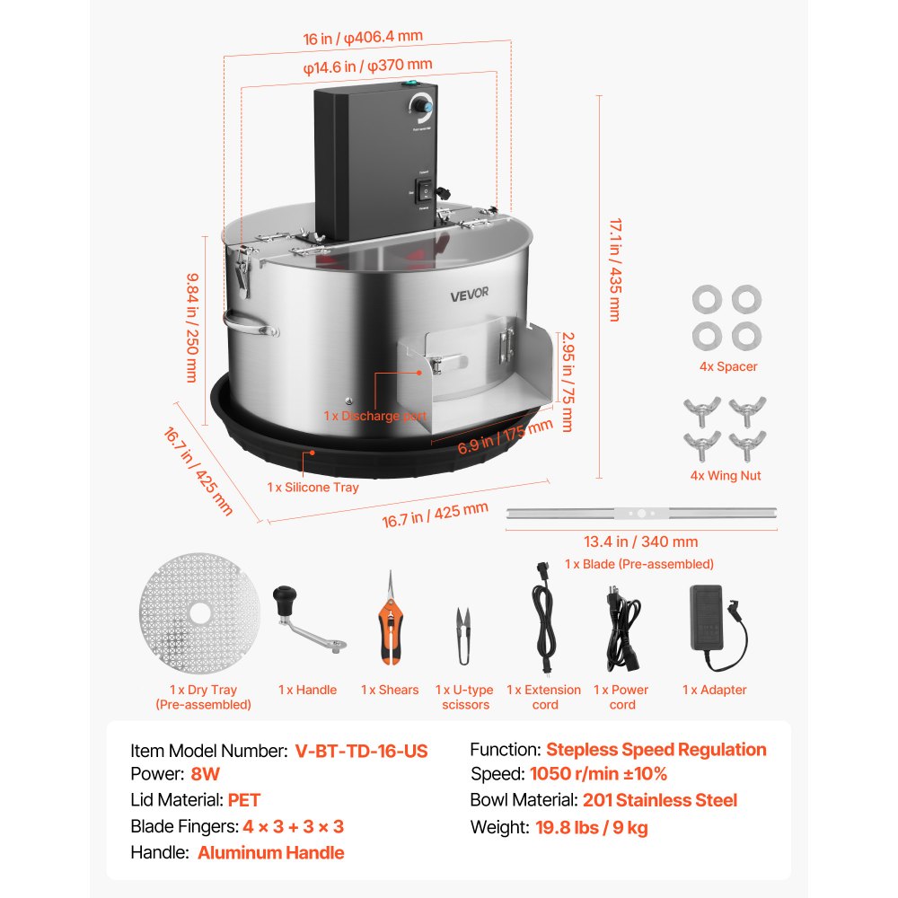 VEVOR Recortadora de Cogollos Eléctrica de 370 mm Máquina Recortadora de Hojas con Cuchilla de Acero Inoxidable para Corte Hidropónico en Seco y Húmedo con Bandeja y Tapa Transparente para Brotes