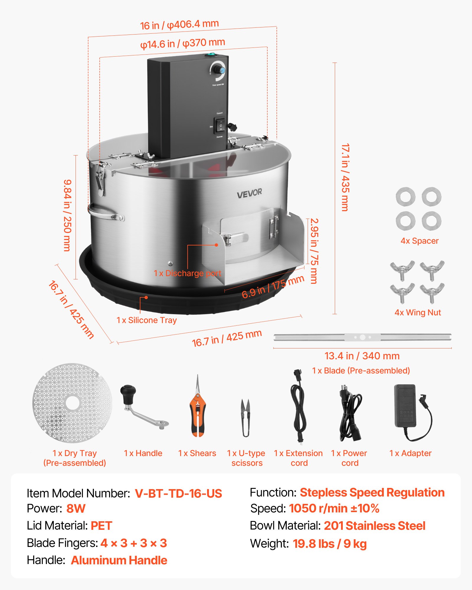 VEVOR Recortadora de Cogollos Eléctrica de 370 mm Máquina Recortadora de Hojas con Cuchilla de Acero Inoxidable para Corte Hidropónico en Seco y Húmedo con Bandeja y Tapa Transparente para Brotes