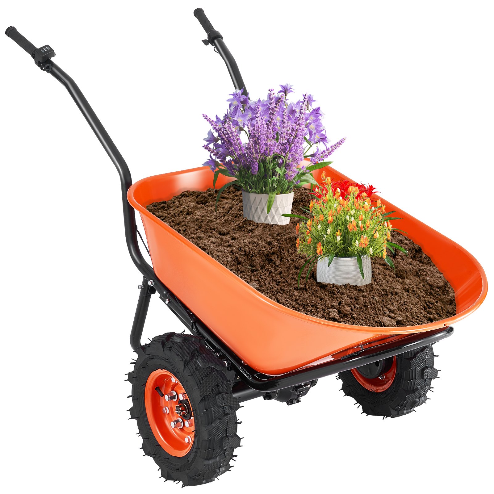 Carretilla eléctrica VEVOR, carretilla de jardín con motor de 500 W, capacidad de carga de 7 pies cúbicos y 573 libras, con manija de metal y ruedas de 16", carretilla de jardín de dos ruedas y vagones para granjas de césped