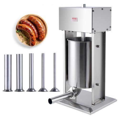 Embutidora eléctrica de salchichas VEVOR, embutidora vertical de carne de 12 L/25 LBS, motor de 200 W, control de velocidad continuo y pedal, fabricada en acero inoxidable 304 apto para uso alimentario, 5 tubos de embutido para uso doméstico y comercial