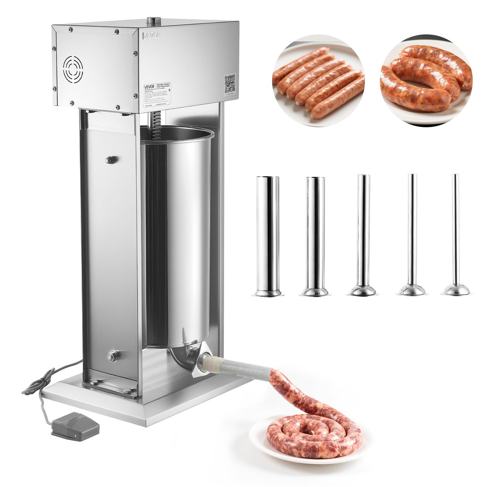 VEVOR Embutidora Vertical Eléctrica de Salchichas Capacidad de 25 L, Embutidora Vertical de Acero Inoxidable, Control de Velocidad Continuo, Pedal y 5 Tubos de Llenado, para Restaurante, Supermercado