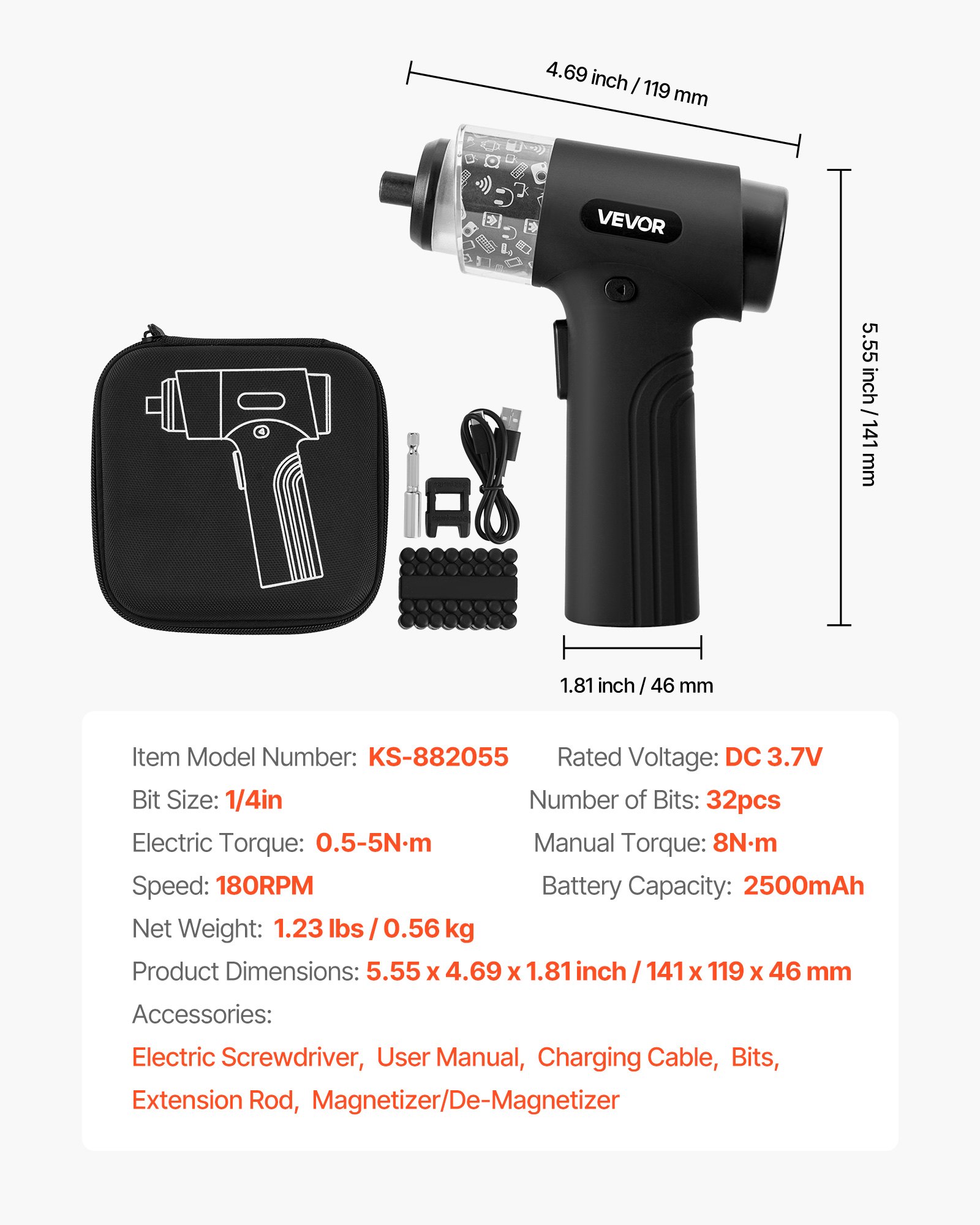 VEVOR Juego de Destornilladores Inalámbricos, 0,5-5 Nm, Batería de 2500 mAh, 32 Puntas, Pantalla Digital, Luz LED y Carga Tipo C, para Reparación Eléctrica de Muebles, Negro, 141 x 119 x 46 mm