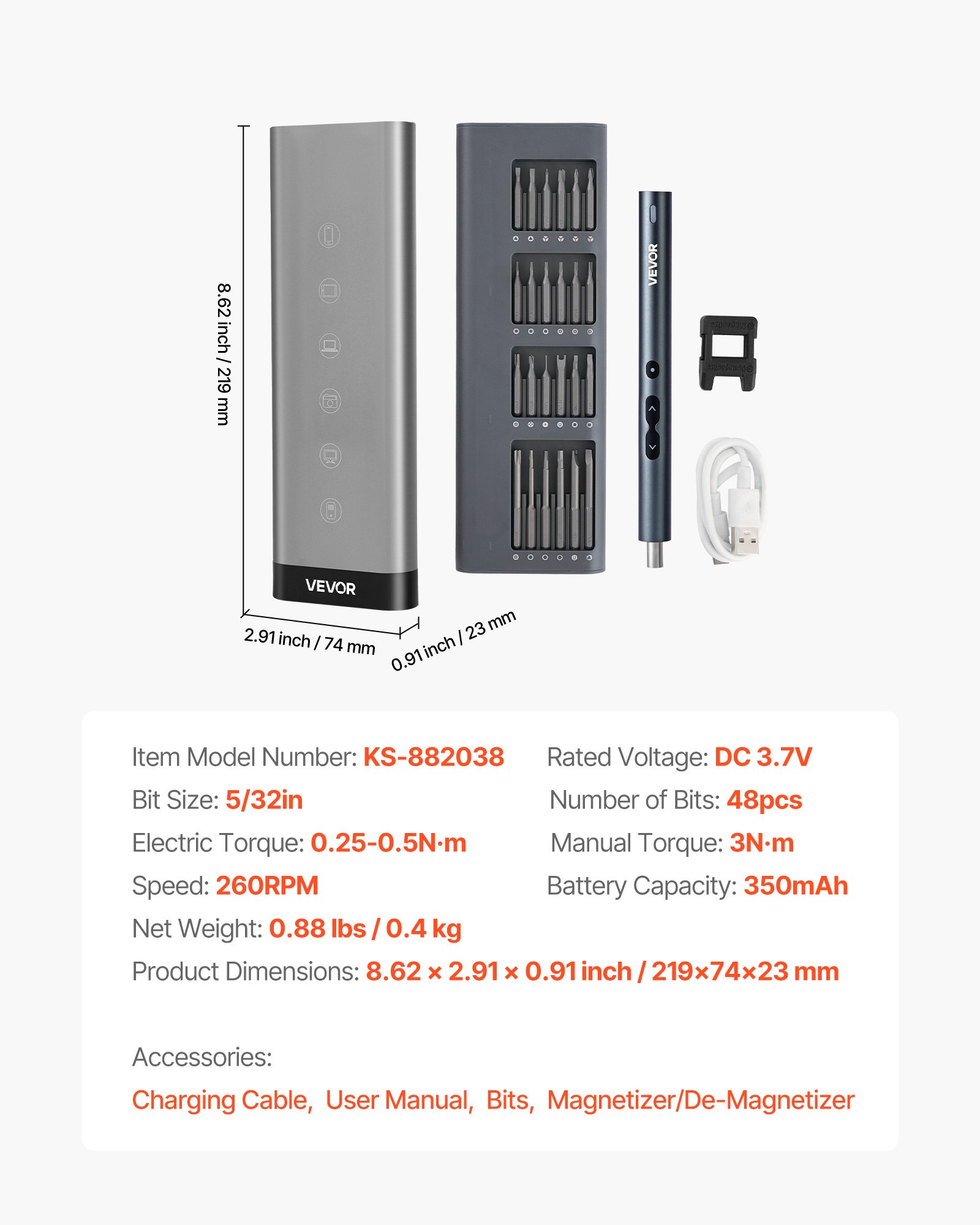 VEVOR Destornillador Eléctrico de Precisión, 48 Puntas Magnéticas, con Caja de Almacenamiento Magnética, Luz LED y Función de Carga Tipo C, a Reparar Celulares y Computadoras Portátiles, 260 RPM
