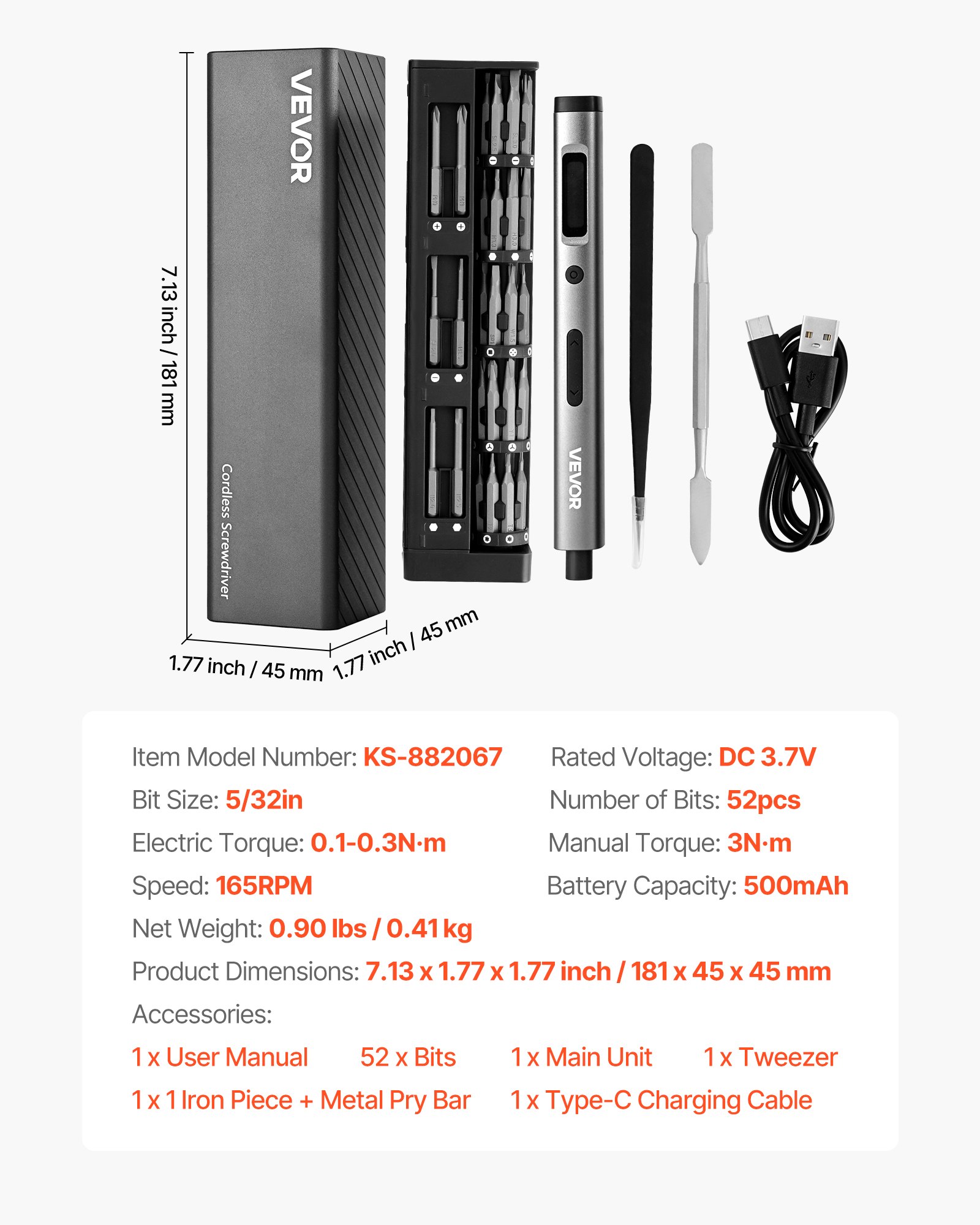 VEVOR Destornillador Eléctrico de Precisión, 52 Puntas Magnéticas, con Caja de Almacenamiento Magnética, Luz LED y Función de Carga Tipo C, a Reparar Celulares y Computadoras Portátiles, 165 RPM