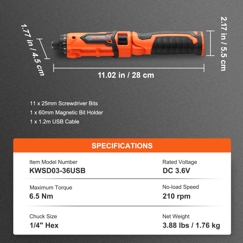 VEVOR Destornillador Eléctrico Inalámbrico 6,5 Nm Mini Destornillador Eléctrico con Batería de 2000 mAh 210 RPM Juego de Destornilladores Inalámbricos con 11 Puntas de 25 mm, Luz LED, Cable USB