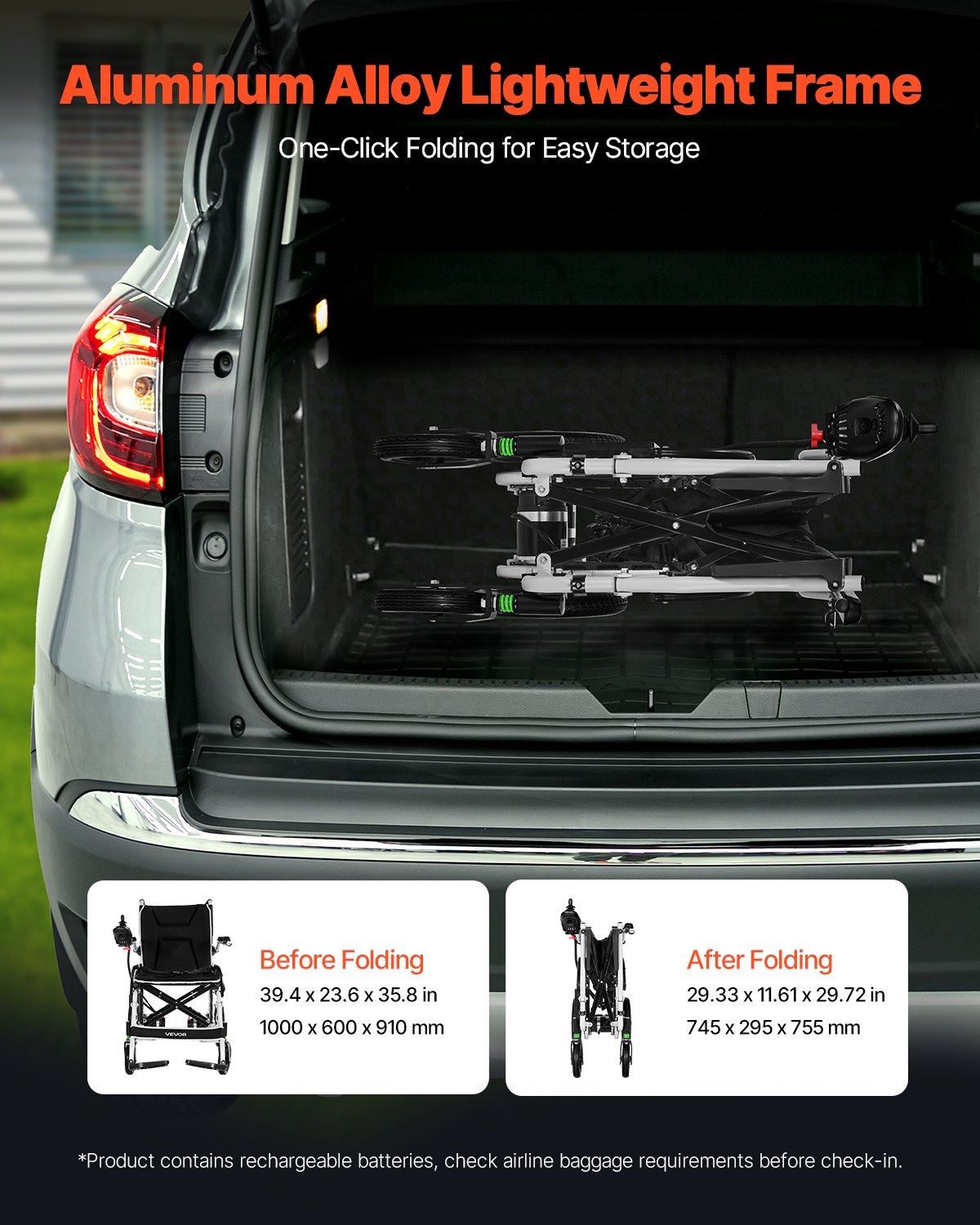 VEVOR Silla de Ruedas Eléctrica para Adultos Capacidad de 100 kg Plegable Ligera Motorizada Autonomía de 19,3 km Ajuste de 5 Velocidades Todoterreno Portátil para Personas Mayores, Discapacitadas
