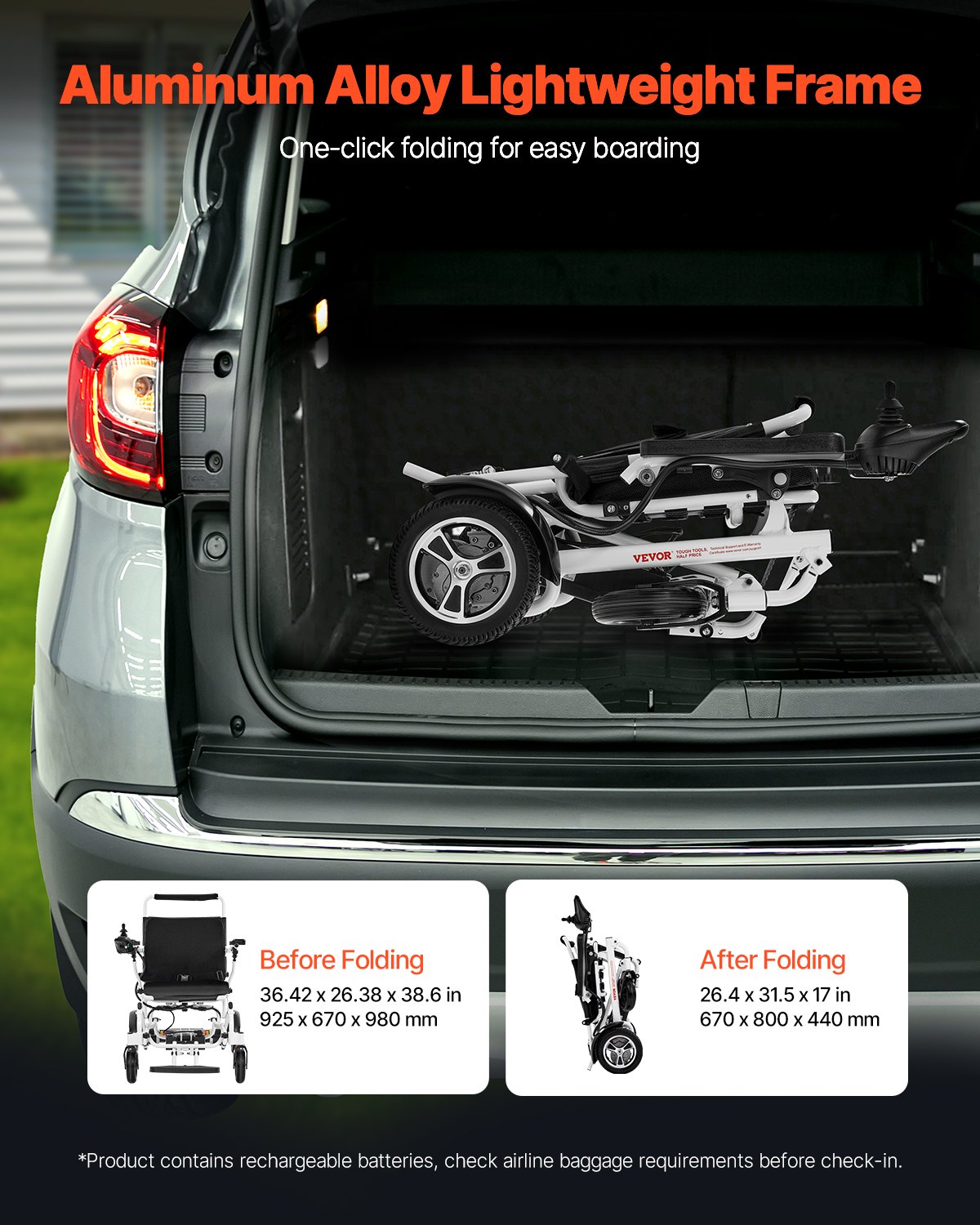 VEVOR Silla de Ruedas Eléctrica para Adultos Capacidad de 136 kg Plegable Ligera Motorizada Autonomía de 21 km Asiento de 53 cm Todoterreno Portátil para Personas Mayores, Discapacitadas