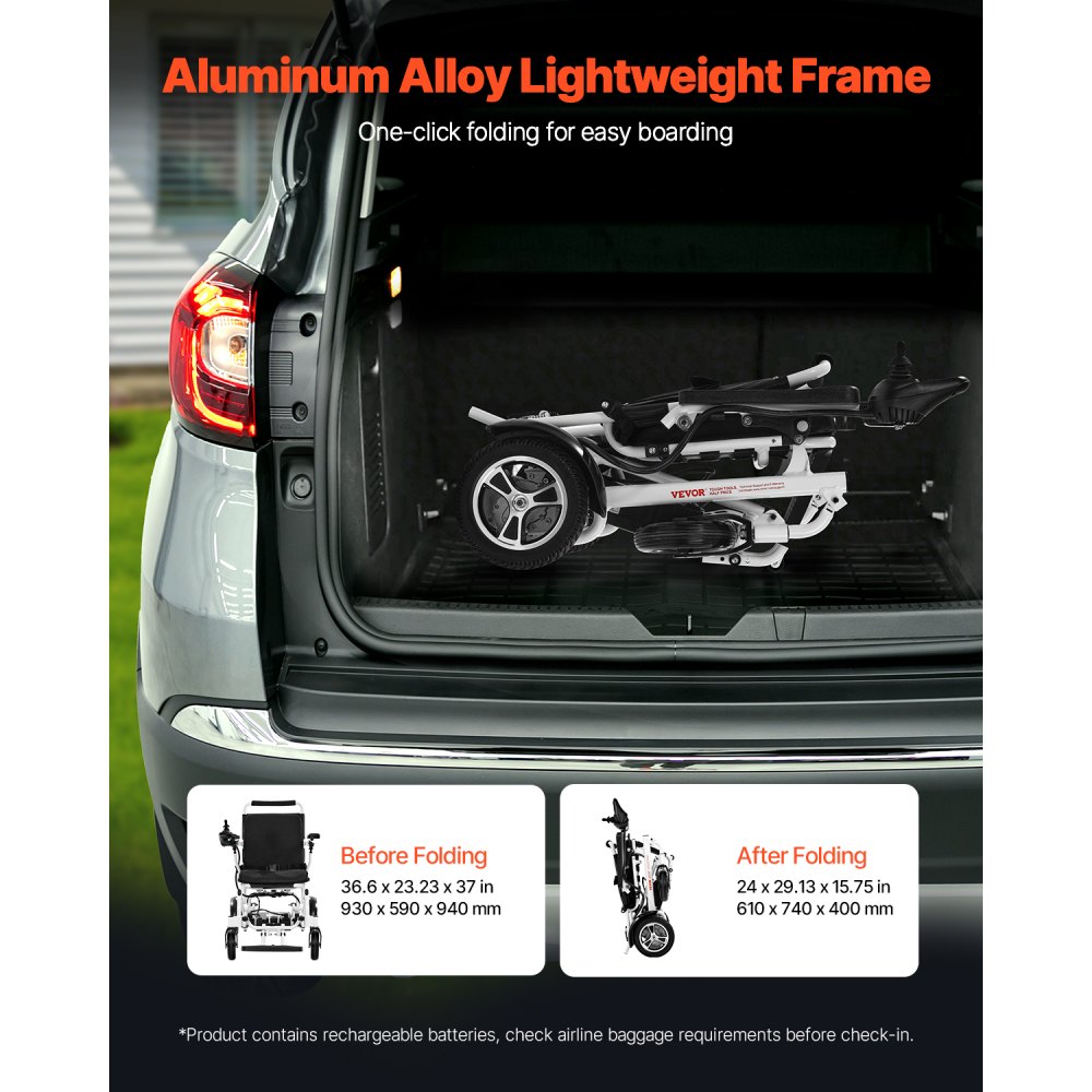 VEVOR Electric Wheelchair for Adults, 136 kg Weight Capacity, Foldable & Lightweight Motorized Wheelchair, 21 km Range, Medical Scooter, Portable for Seniors & Disabled People, 930x590x940 mm