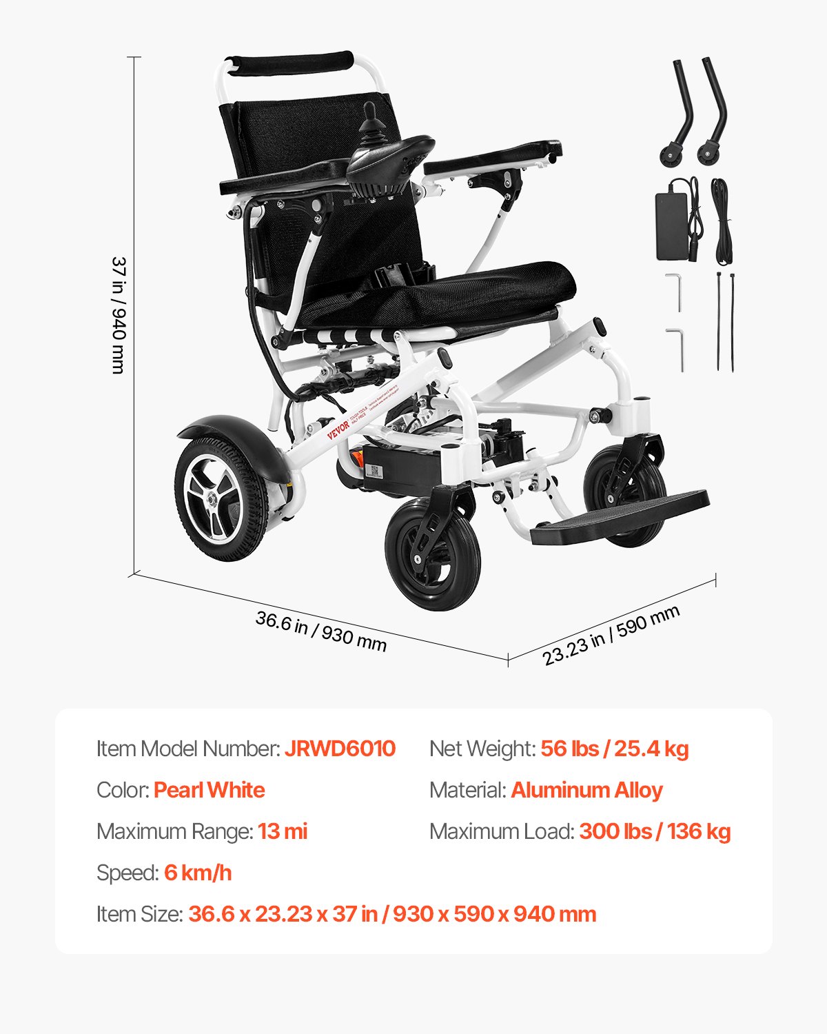 VEVOR Electric Wheelchair for Adults, 136 kg Weight Capacity, Foldable & Lightweight Motorized Wheelchair, 21 km Range, Medical Scooter, Portable for Seniors & Disabled People, 930x590x940 mm