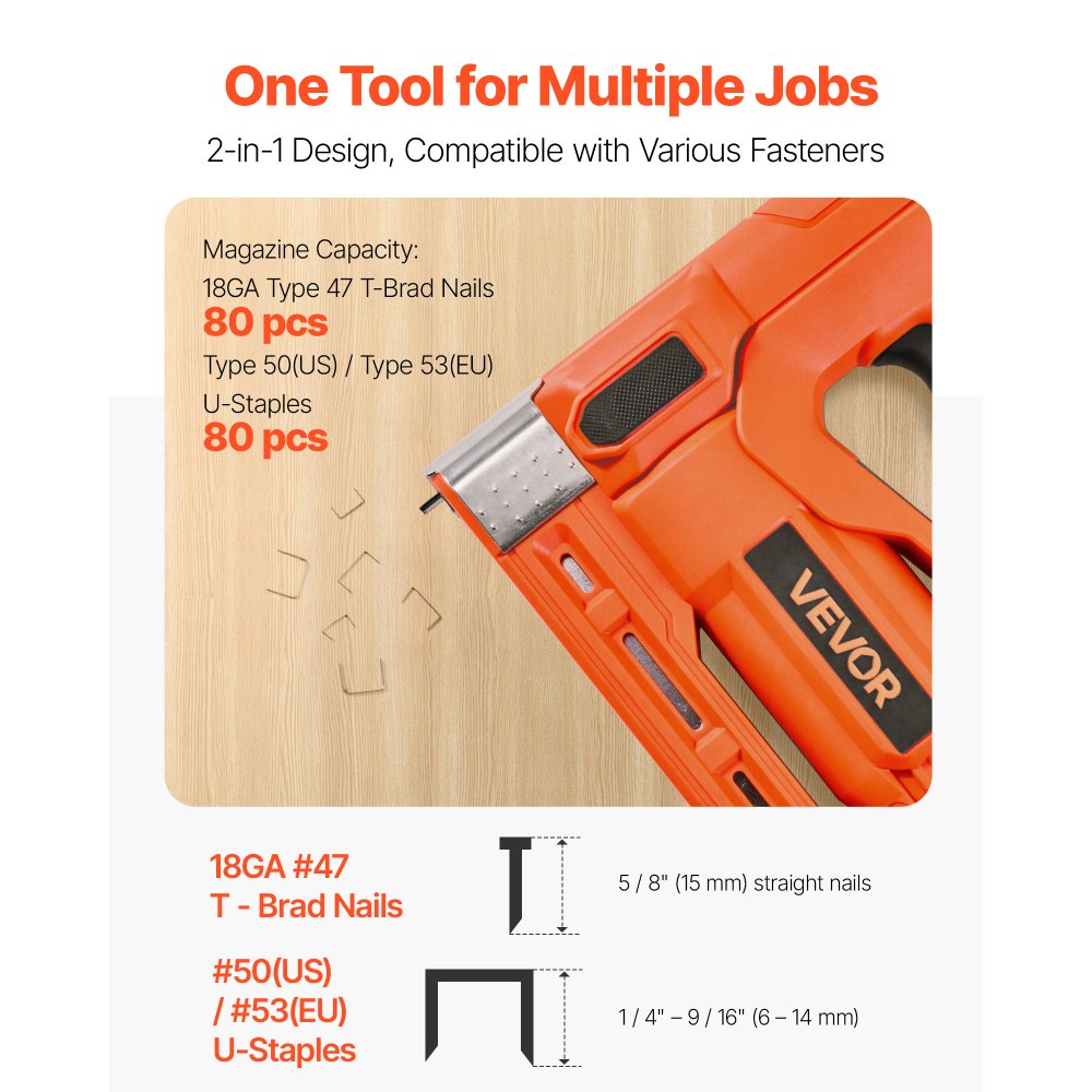 VEVOR Cordless Brad Nailer, 2-in-1 Nail Gun Staple Gun, 18 Gauge 15 mm, Includes 1000 Pcs Staples and 1000 Pcs Nails, with Battery and Charger, Non-Slip Rubber Grip, for Woodworking DIY Projects