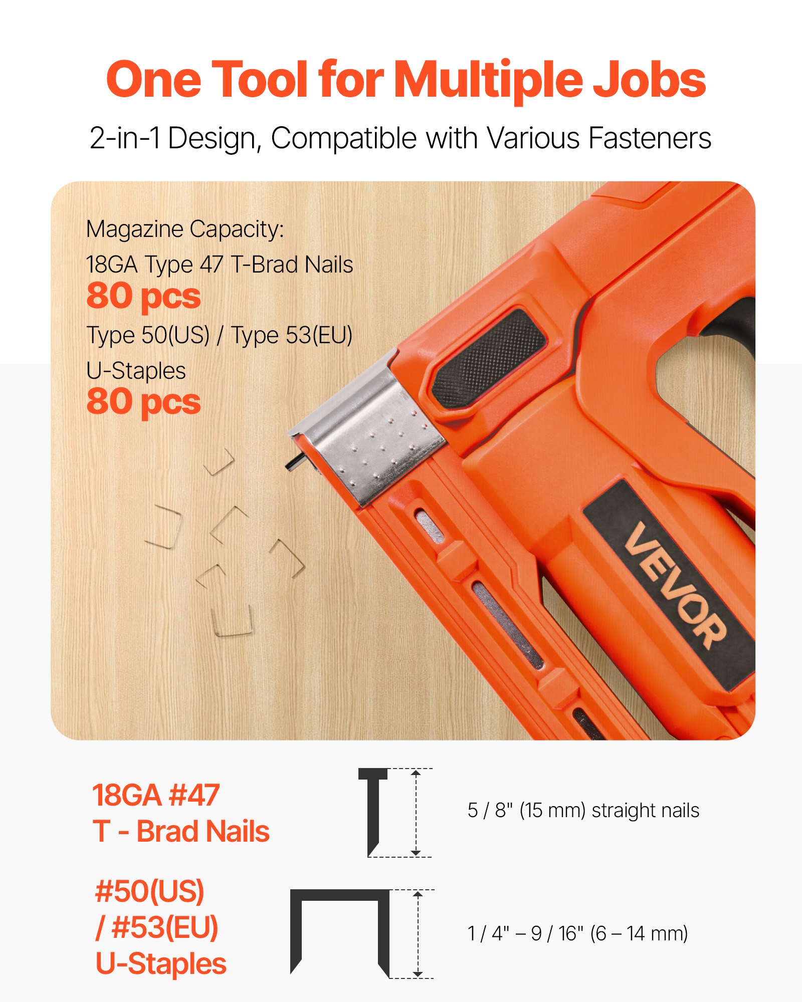 VEVOR Cordless Brad Nailer, 2-in-1 Nail Gun Staple Gun, 18 Gauge 15 mm, Includes 1000 Pcs Staples and 1000 Pcs Nails, with Battery and Charger, Non-Slip Rubber Grip, for Woodworking DIY Projects