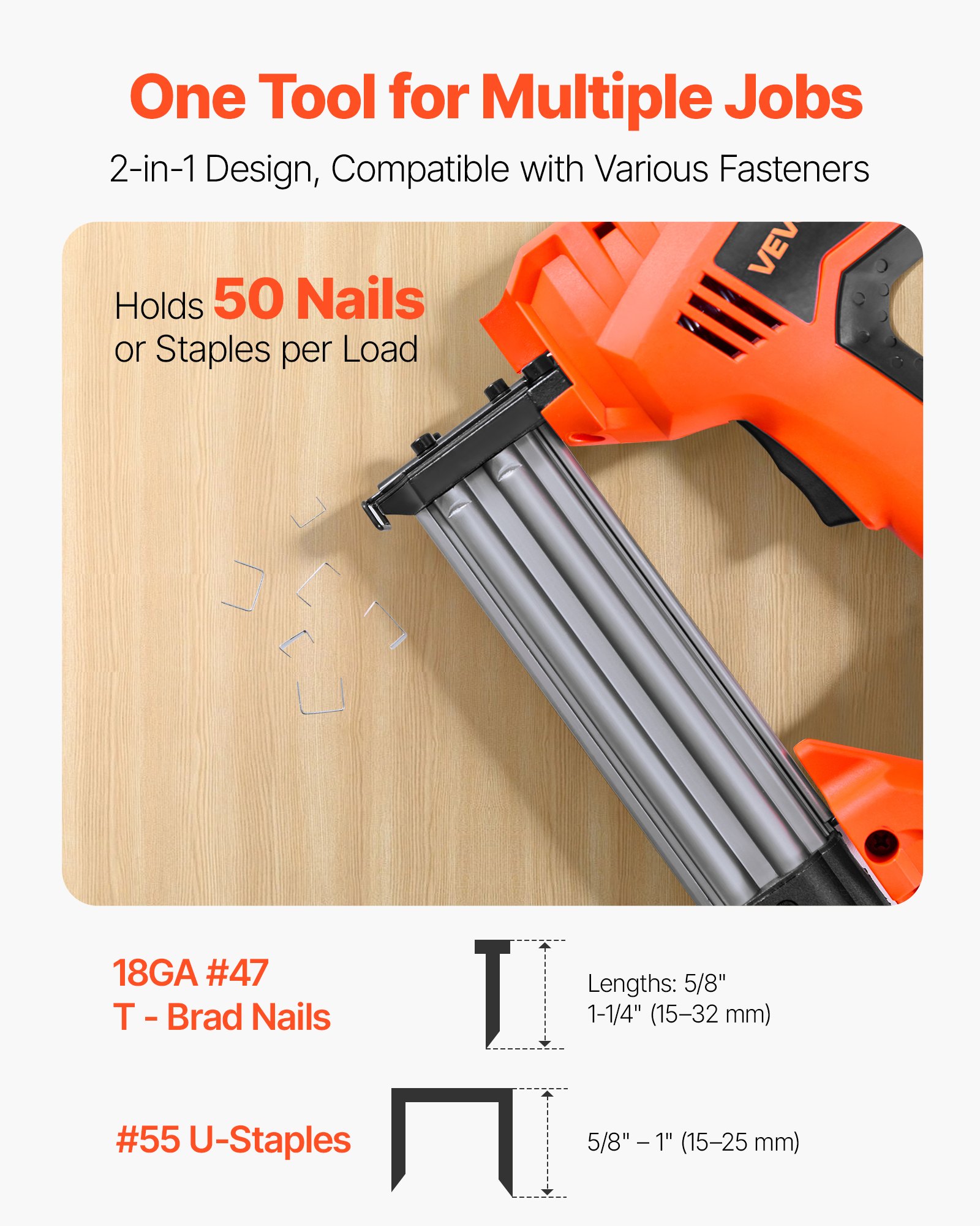 VEVOR Electric Nail Gun, 2-in-1 Staple Gun Brad Nailer, 18 Gauge 32 mm, Stapler Brad Nailer with 1000 Pcs Staples and 1000 Pcs Nails, Non-Slip Rubber Grip, for Woodworking and DIY Projects