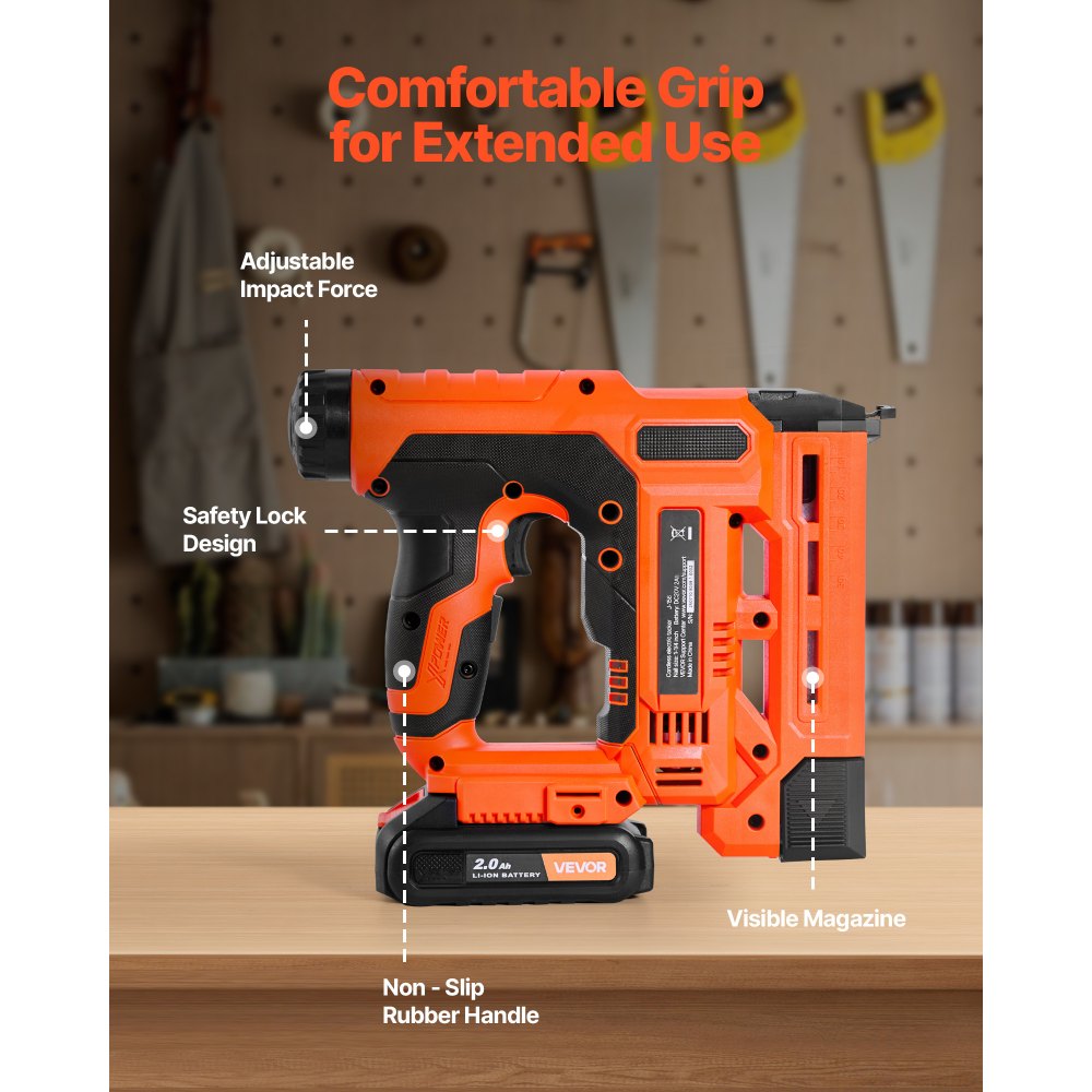 VEVOR Cordless Brad Nailer, 2-in-1 Nail Gun Staple Gun, 18 Gauge 32 mm, Includes 500 Pcs Staples and 500 Pcs Nails, with Battery and Charger, Non-Slip Rubber Grip, for Woodworking DIY Projects