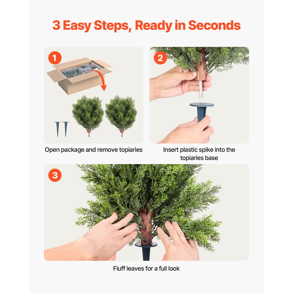 VEVOR Bola de Topiario Artificial de Ciprés para Exterior con Estaca, 406 mm, 2 uds, Plantas Artificiales, Arbustos de Imitación para Decoración, Porche, Patio, Jardín, Balcón y Patio Trasero