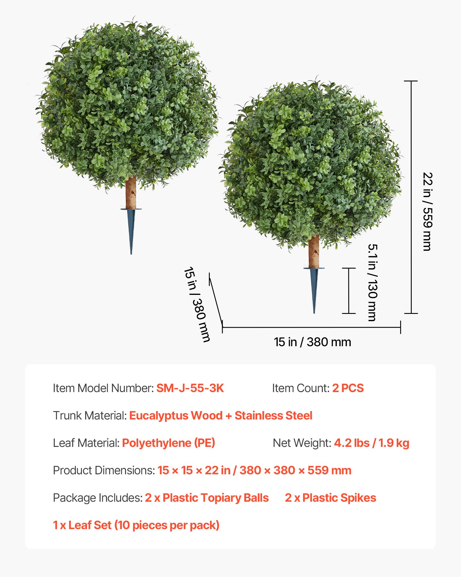 VEVOR Bolas de Boj Artificiales para Topiario de Exterior con Estaca, 559 mm, 2 uds, Plantas Artificiales, Arbustos de Imitación para Decoración, Porche, Patio, Jardín, Balcón y Patio Trasero
